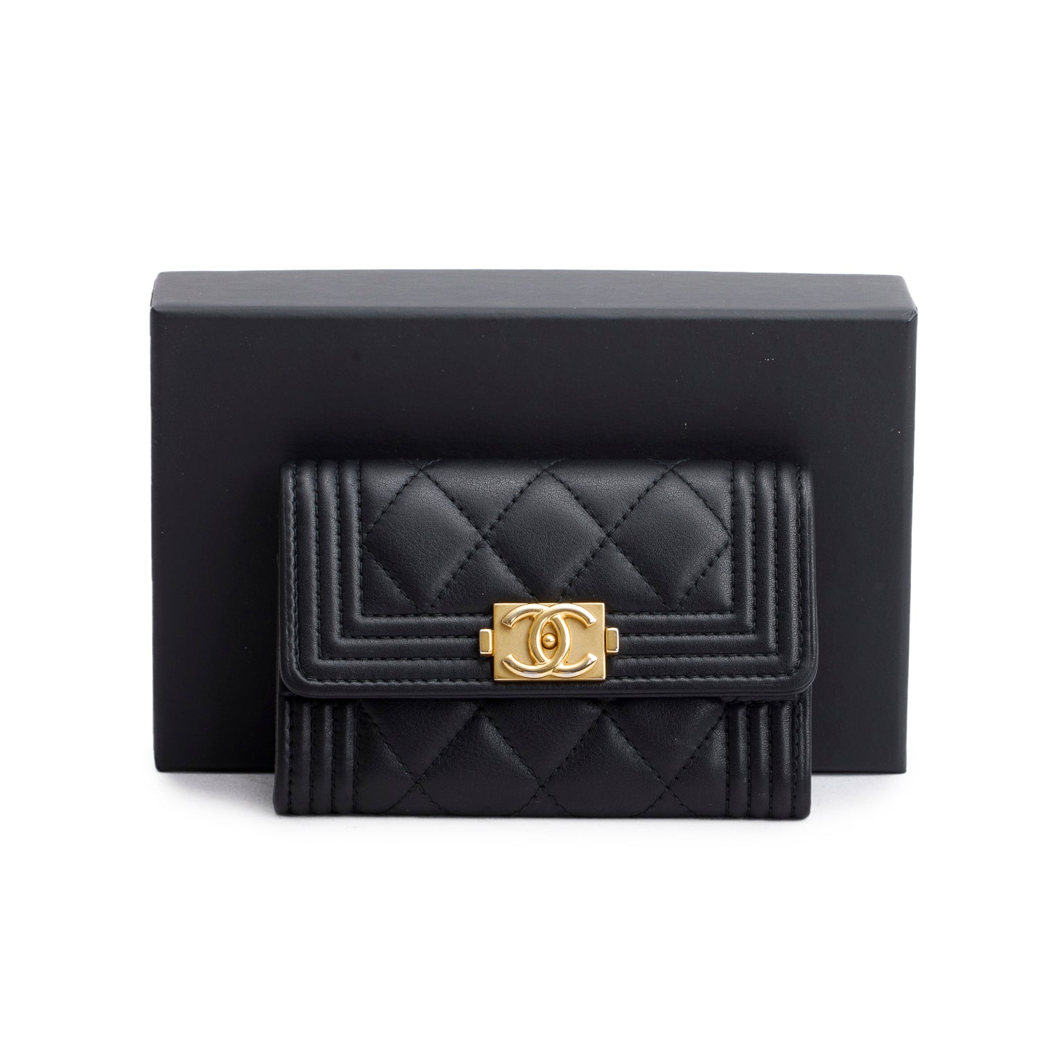 Chanel Black Lambskin Boy Flap Card Holder w/ Box, Receipt & Authenticity Card