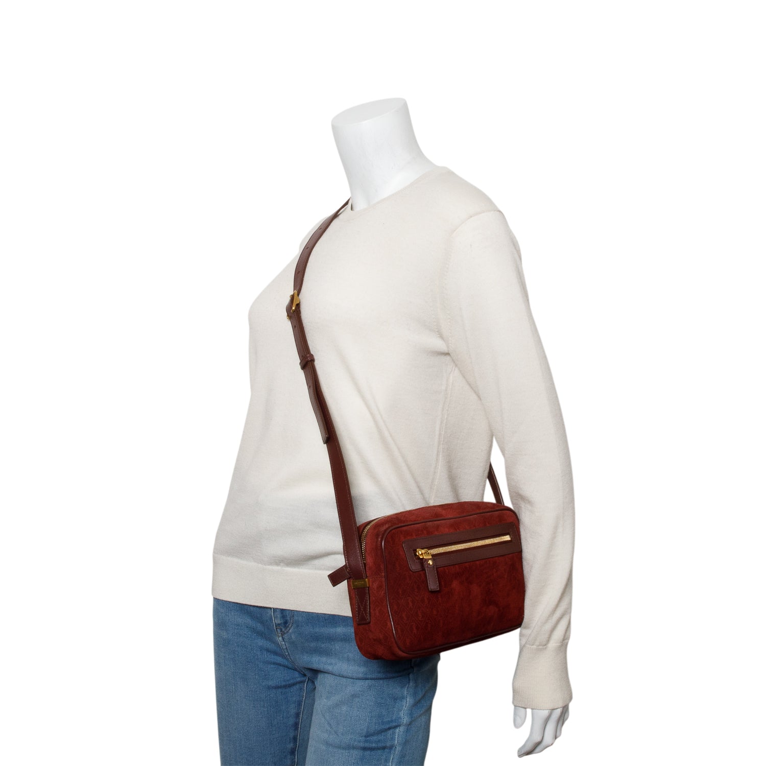 Saint Laurent Burgundy Suede Monogram All Over Camera Bag