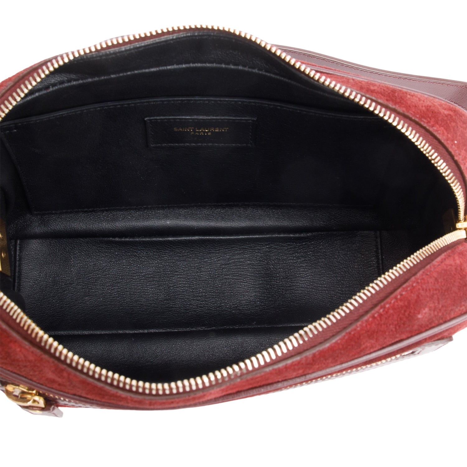 Saint Laurent Burgundy Suede Monogram All Over Camera Bag