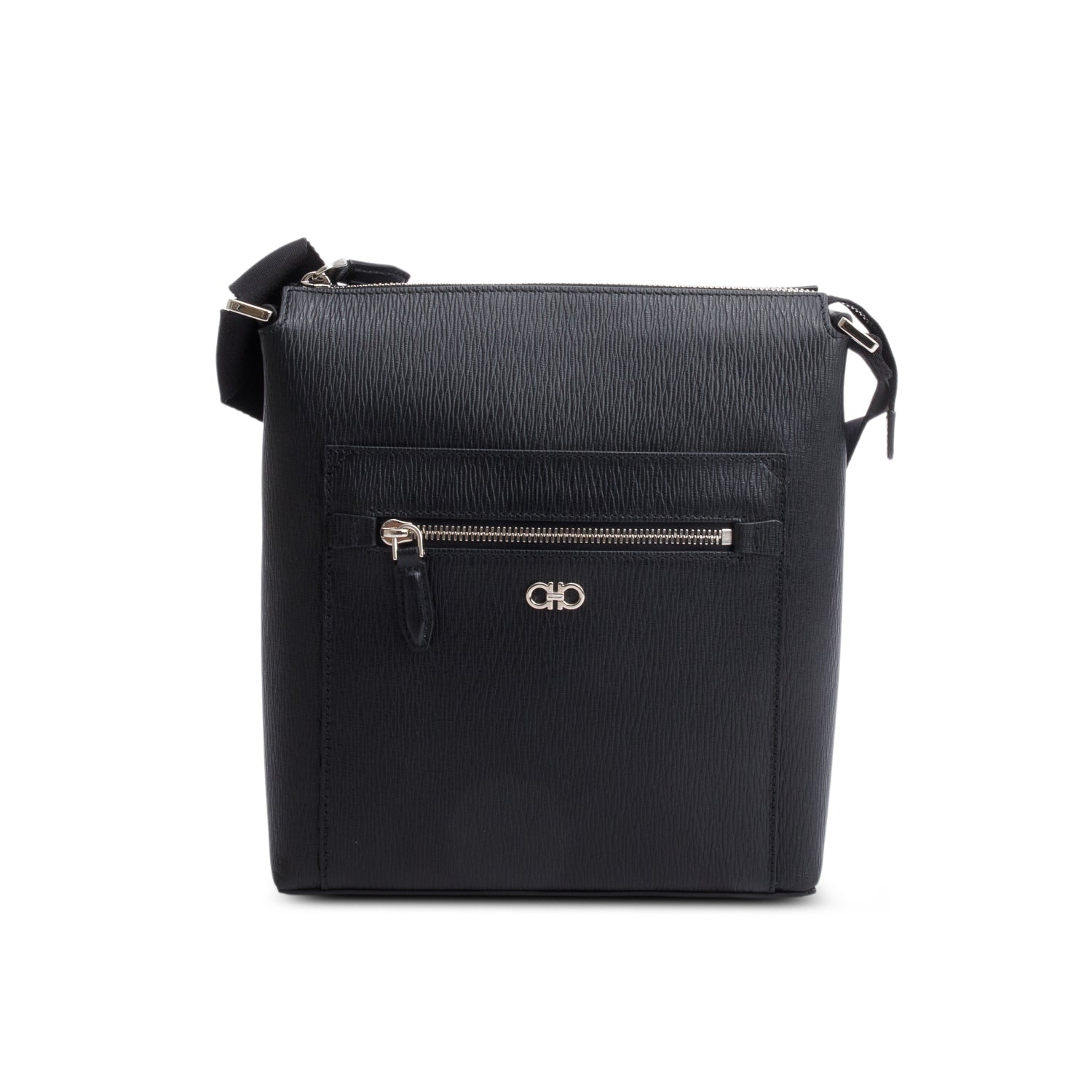 Ferragamo Black Hammered Calf Leather Gancini Messenger Bag