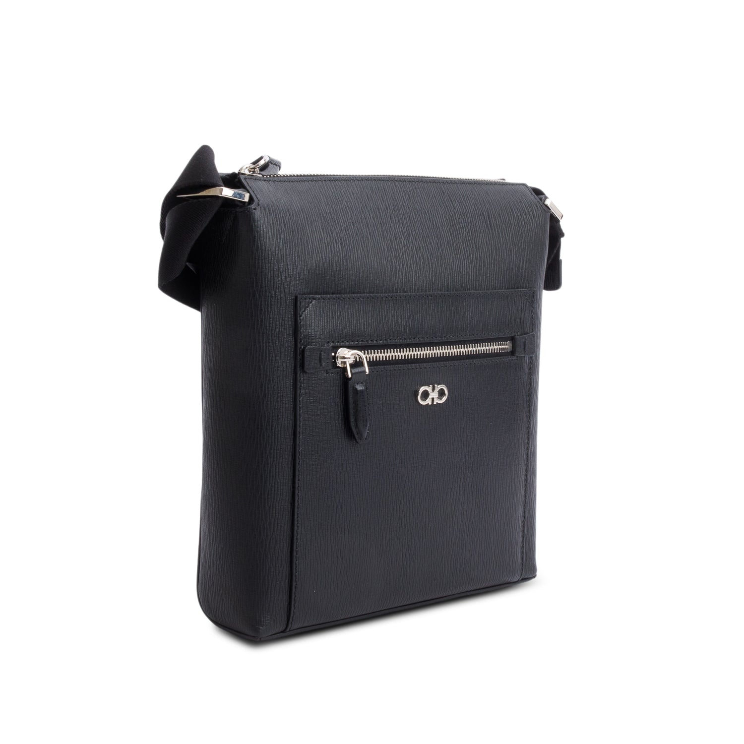 Ferragamo Black Hammered Calf Leather Gancini Messenger Bag