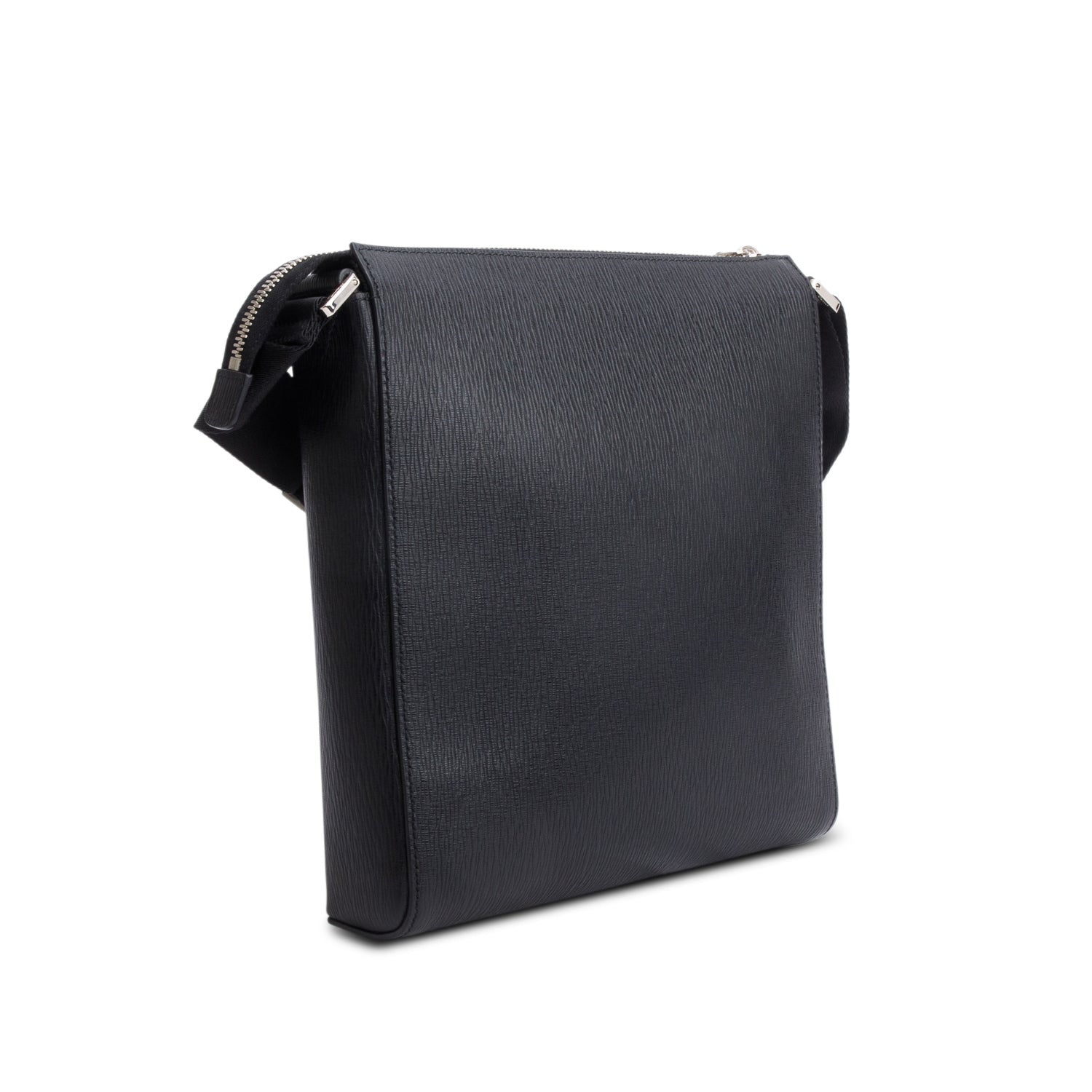 Ferragamo Black Hammered Calf Leather Gancini Messenger Bag