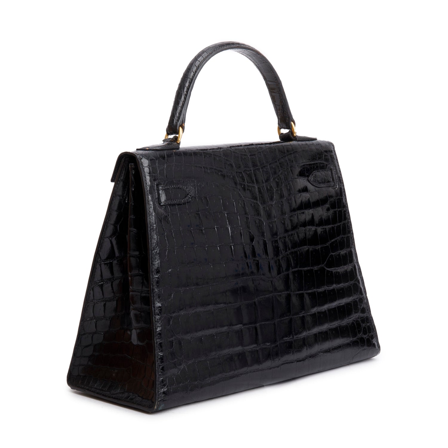 Hermes Vintage Noir Crocodile Nioticus Kelly Sellier 28 w/ Strap