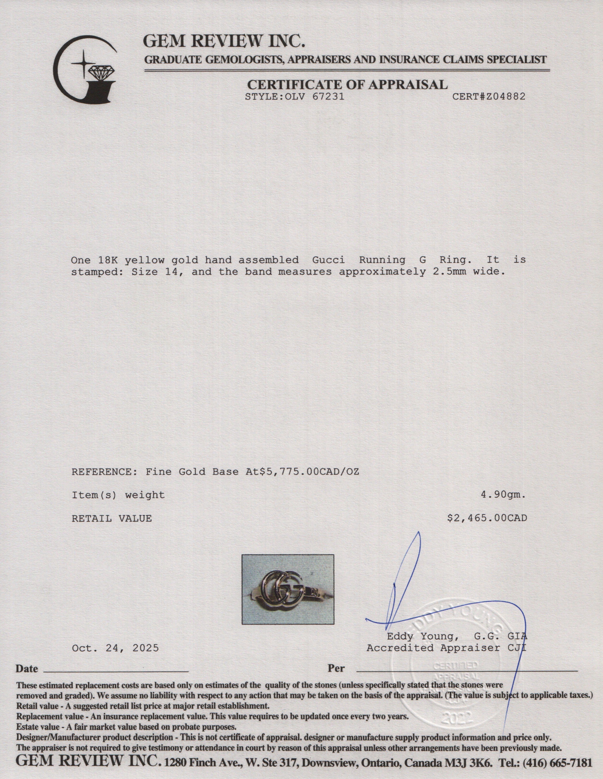 Gucci 18k Yellow Gold Running G Ring, Size 14 6.75 w/ Box & Receipt