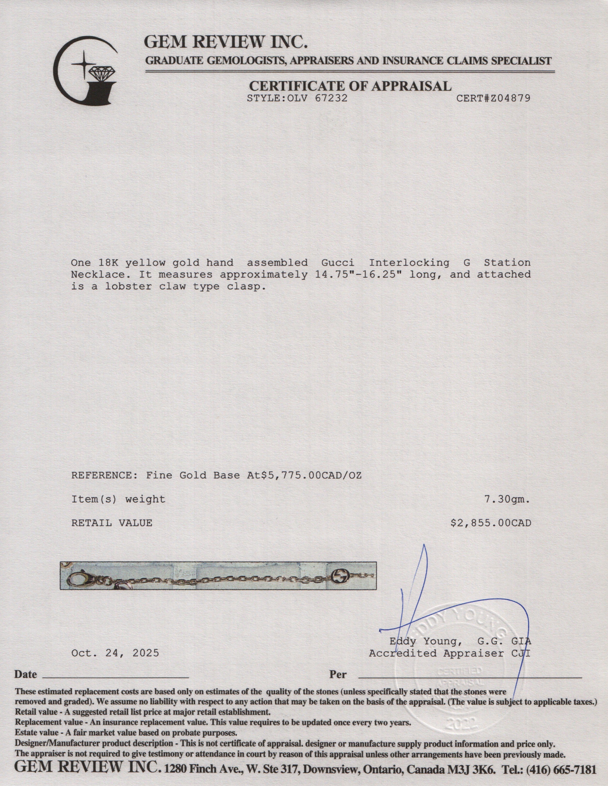 Gucci 18k Yellow Gold Interlocking G Station Necklace w/ Box & Receipt