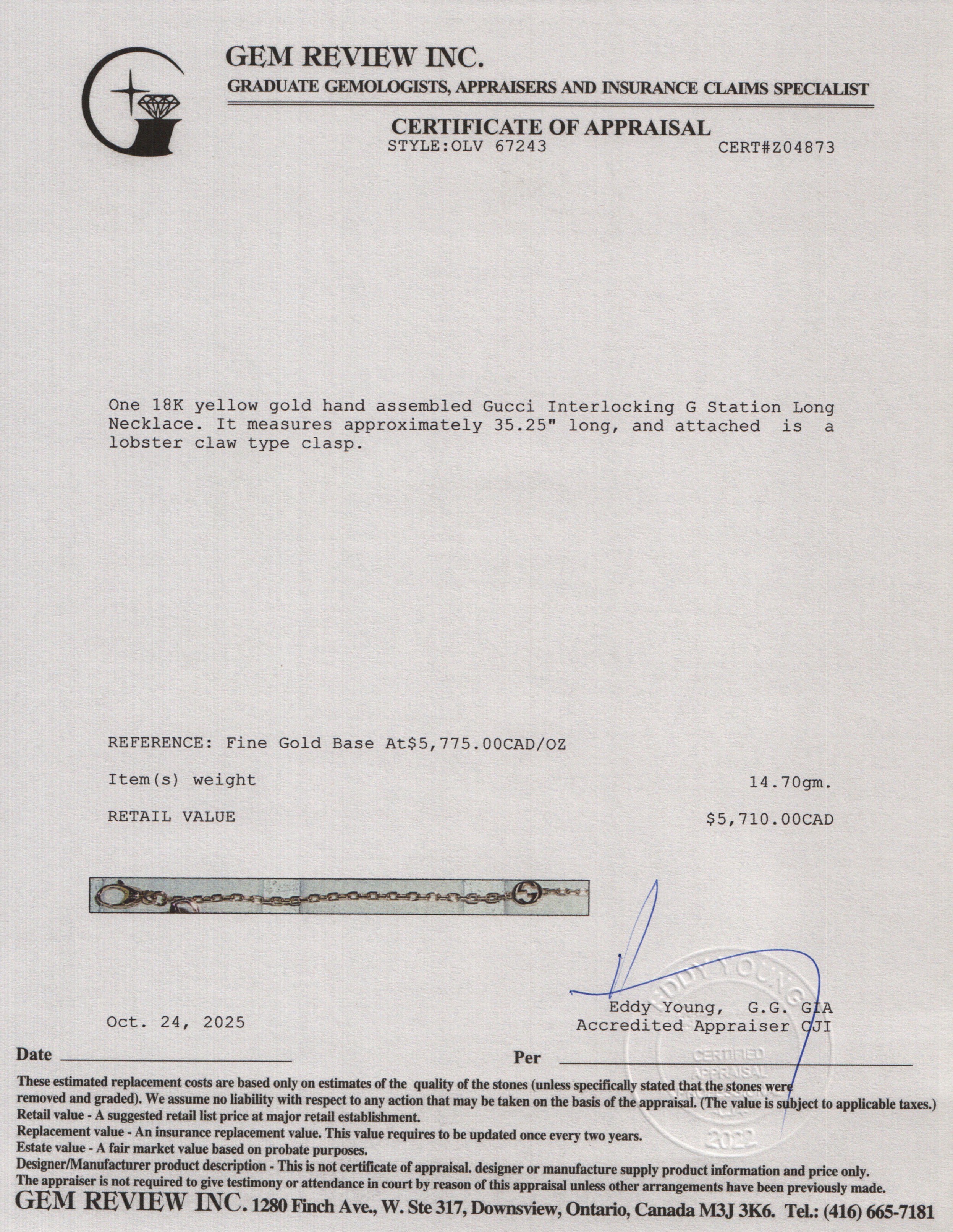 Gucci 18k Yellow Gold Interlocking G Station Long Necklace w/ Box & Receipt