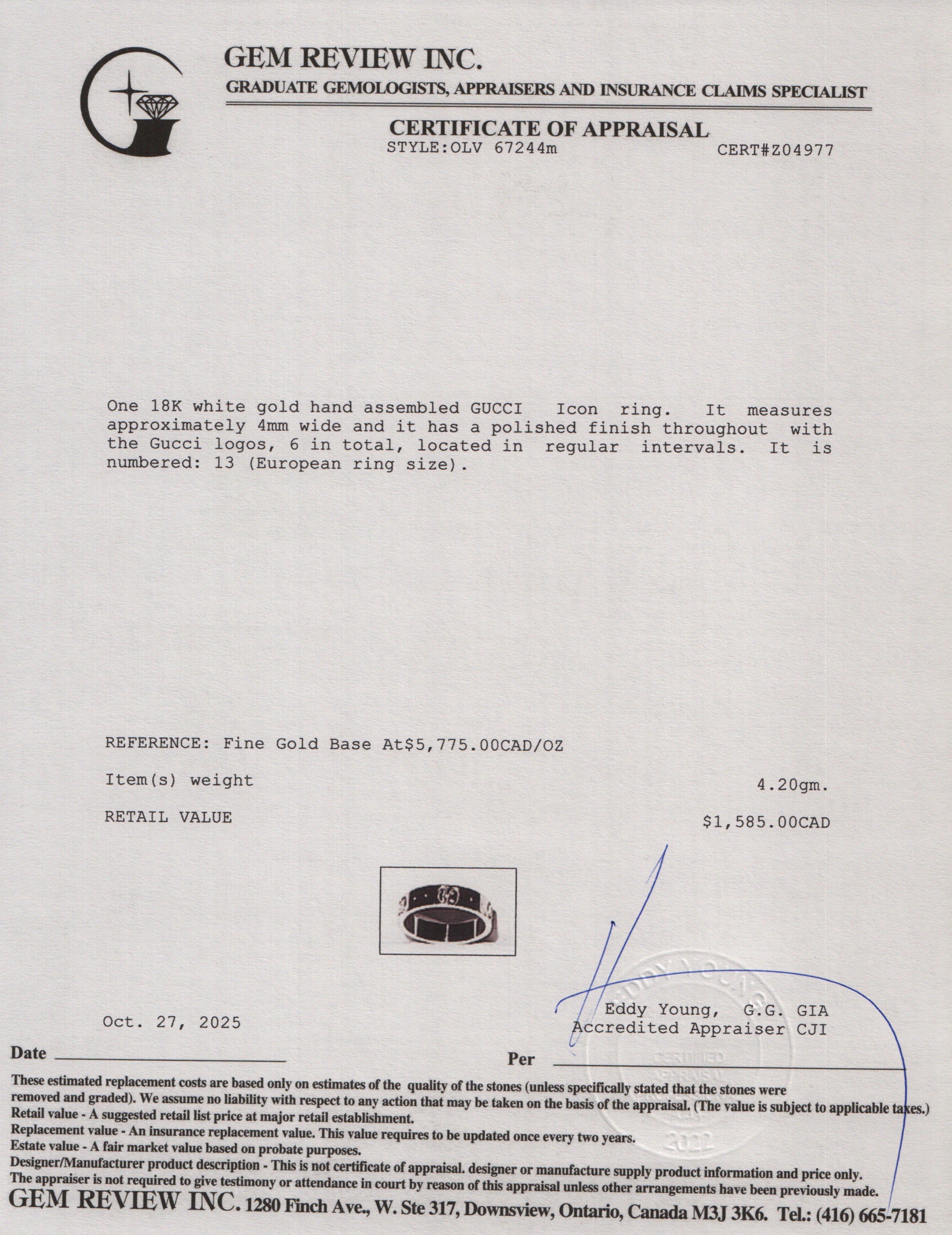 Gucci 18k White Gold Icon 4 MM Band Ring, Size 13 6.25