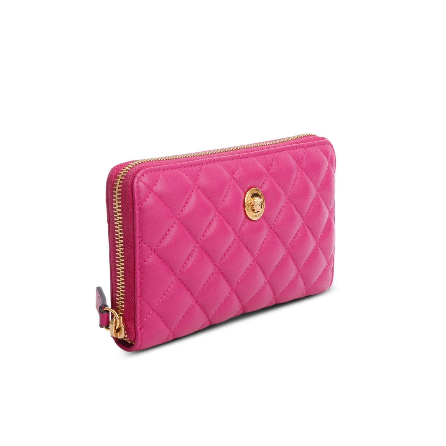 Versace Pink Nappa Quilted Leather Zip Around Wallet w/ Box