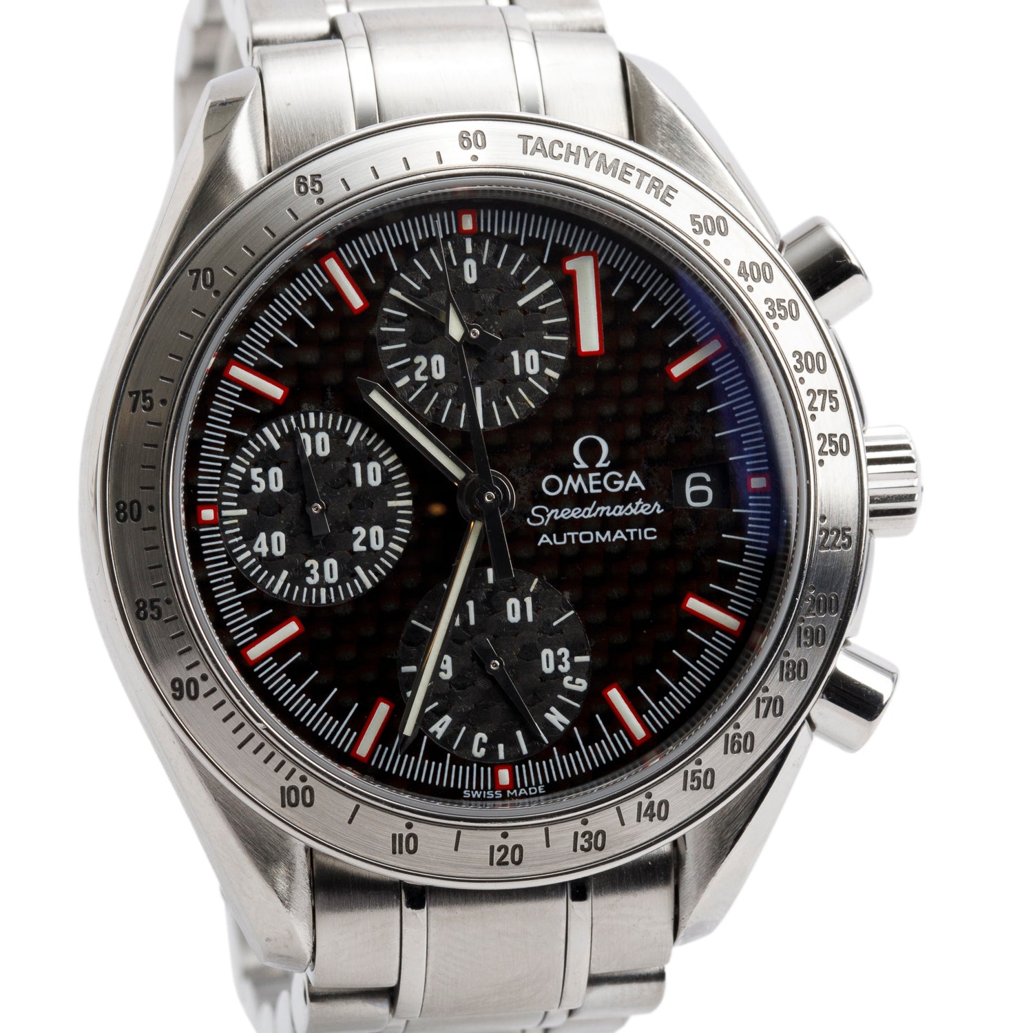 Omega Limited Edition Stainless Steel Schumacher Speedmaster 39 MM Automatic Chronograph Watch Black Carbon Dial