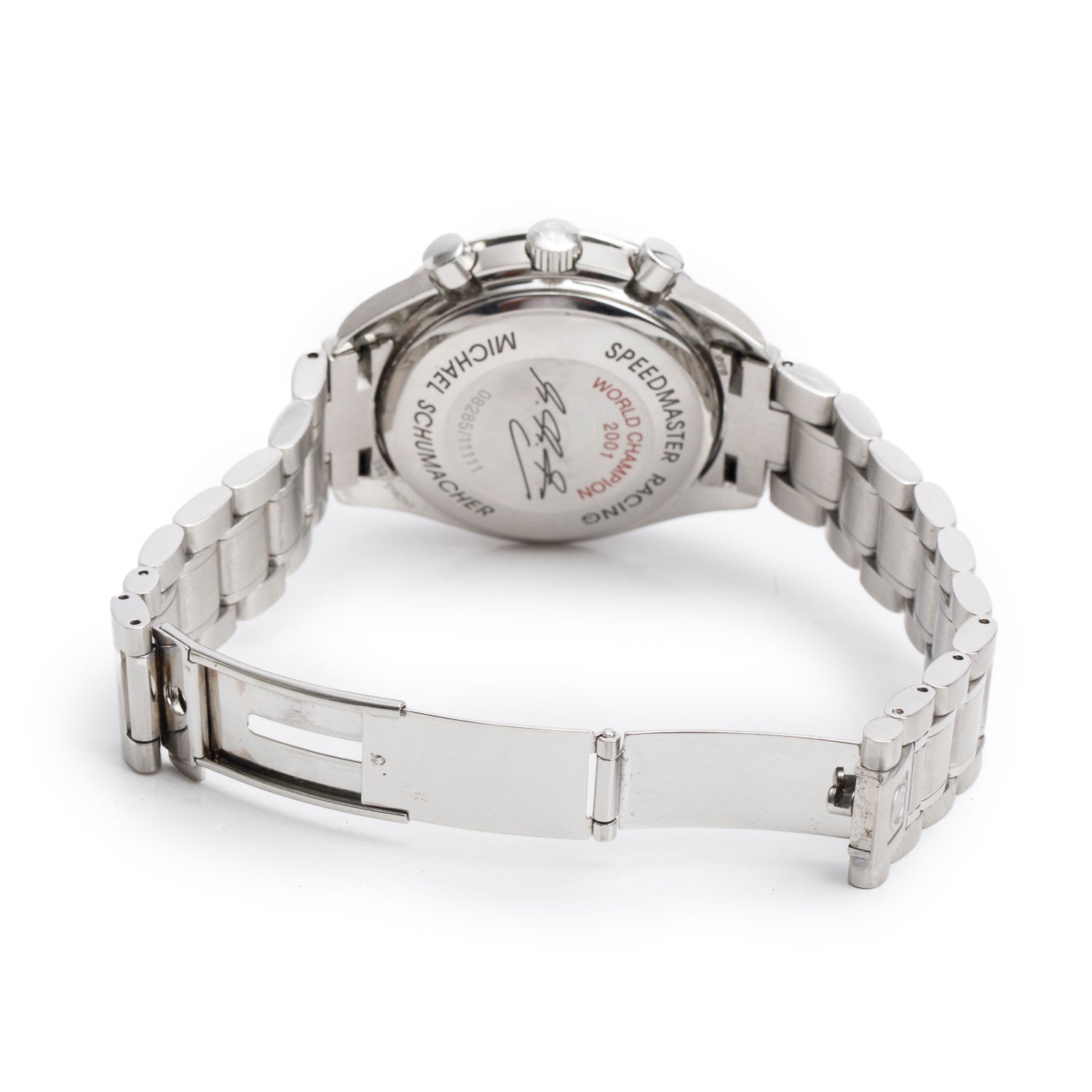 Omega Limited Edition Stainless Steel Schumacher Speedmaster 39 MM Automatic Chronograph Watch Black Carbon Dial