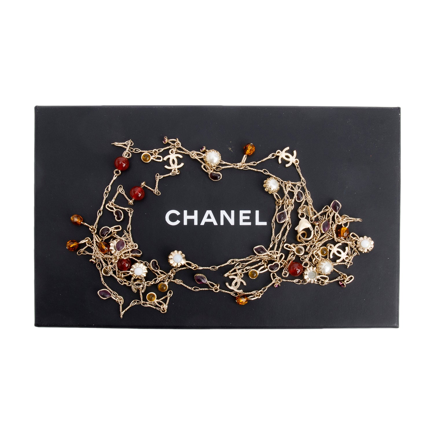Chanel Gold-Plated Faux Pearl & Resin Bead Long Necklace w/ Box