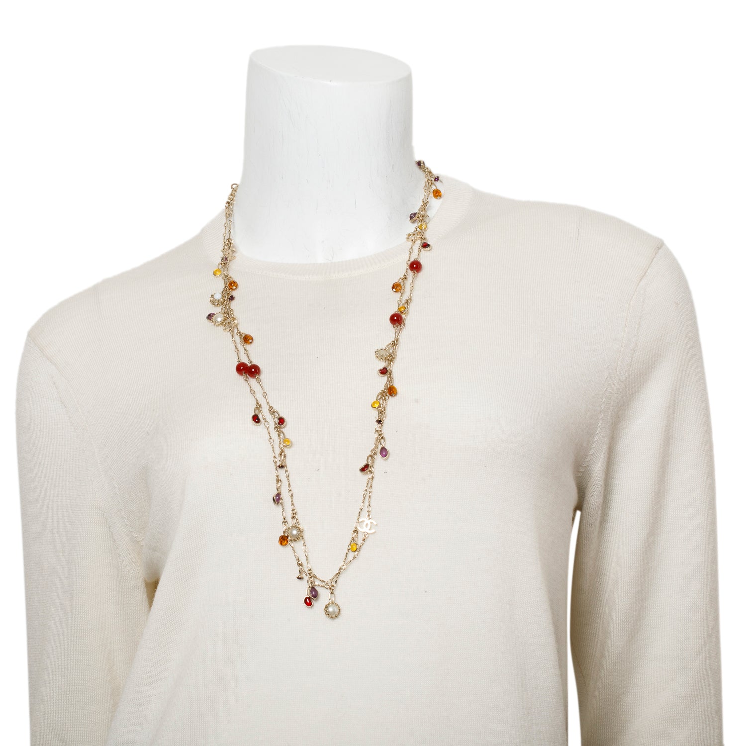 Chanel Gold-Plated Faux Pearl & Resin Bead Long Necklace w/ Box