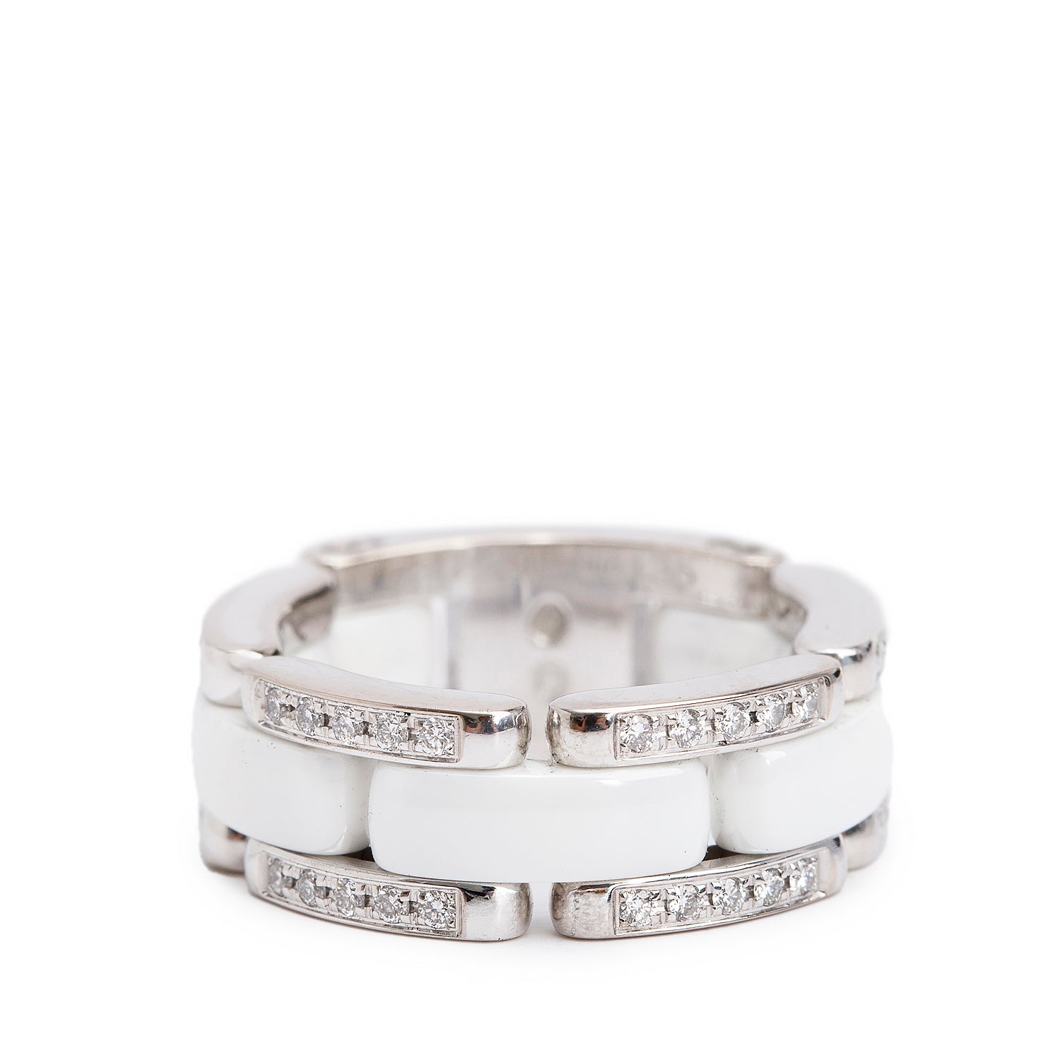 Chanel 18k White Gold & Diamond White Ceramic Ultra Ring, Size 5 w/ Box
