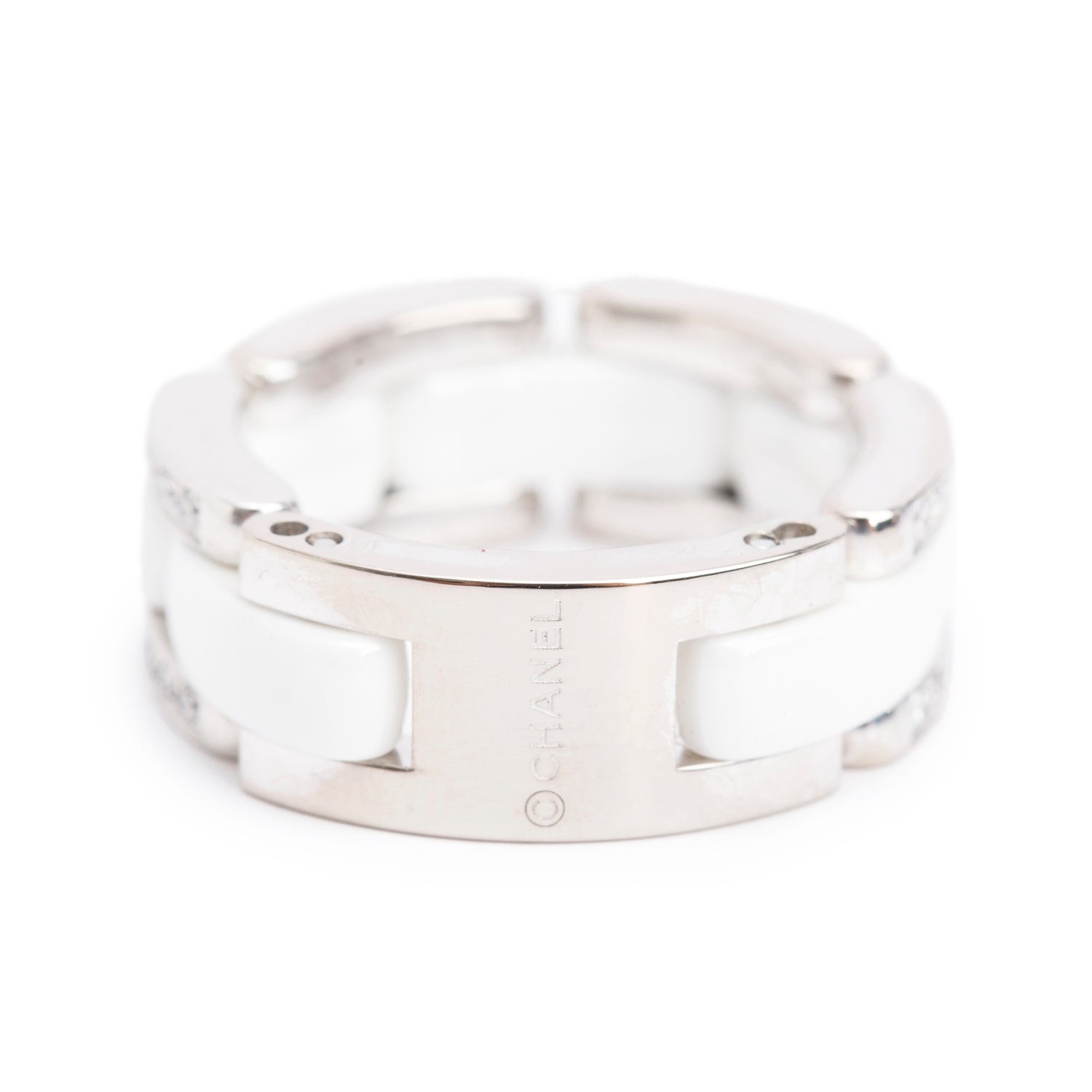 Chanel 18k White Gold & Diamond White Ceramic Ultra Ring, Size 5 w/ Box