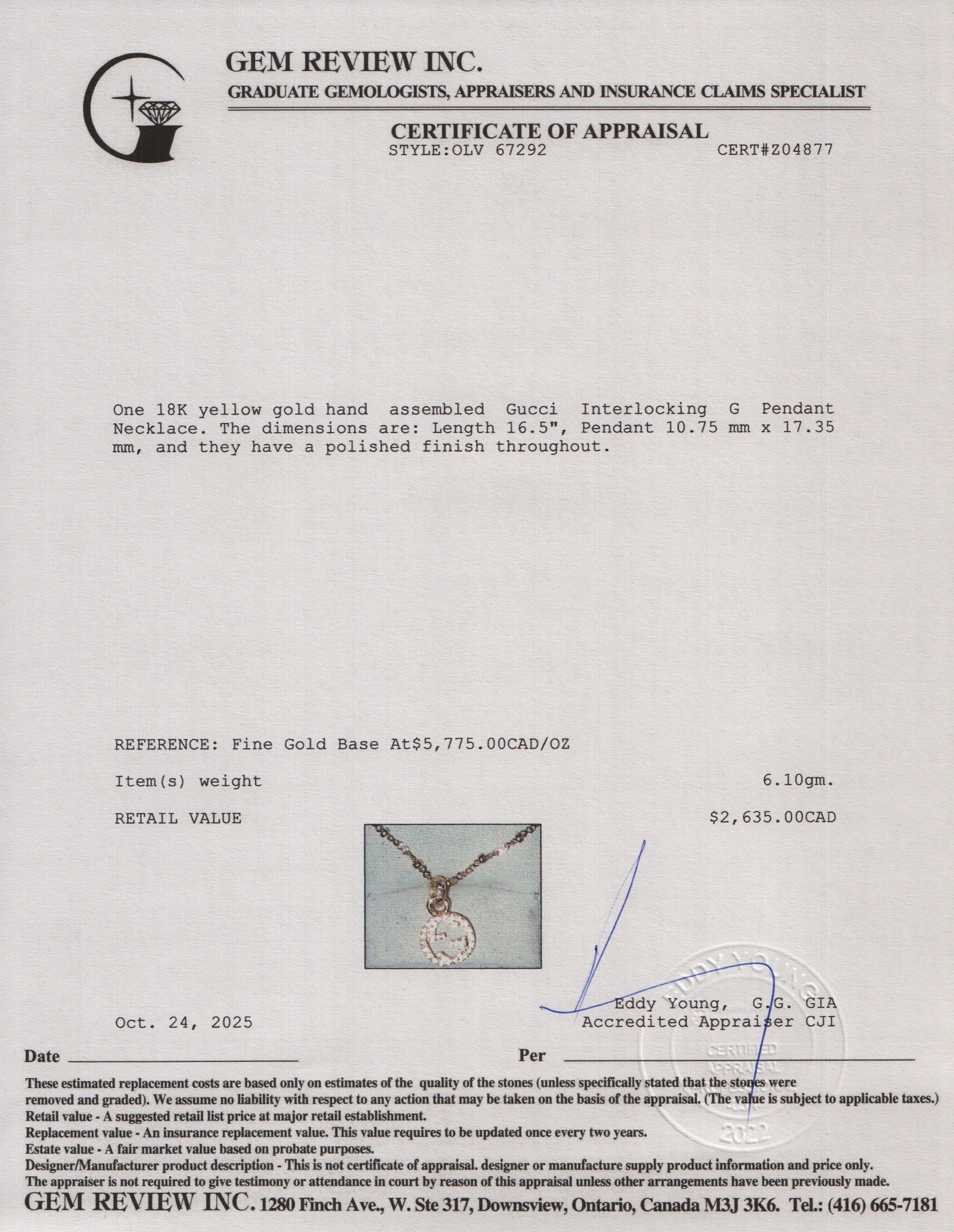 Gucci 18k Yellow Gold Interlocking G Pendant Necklace w/ Box