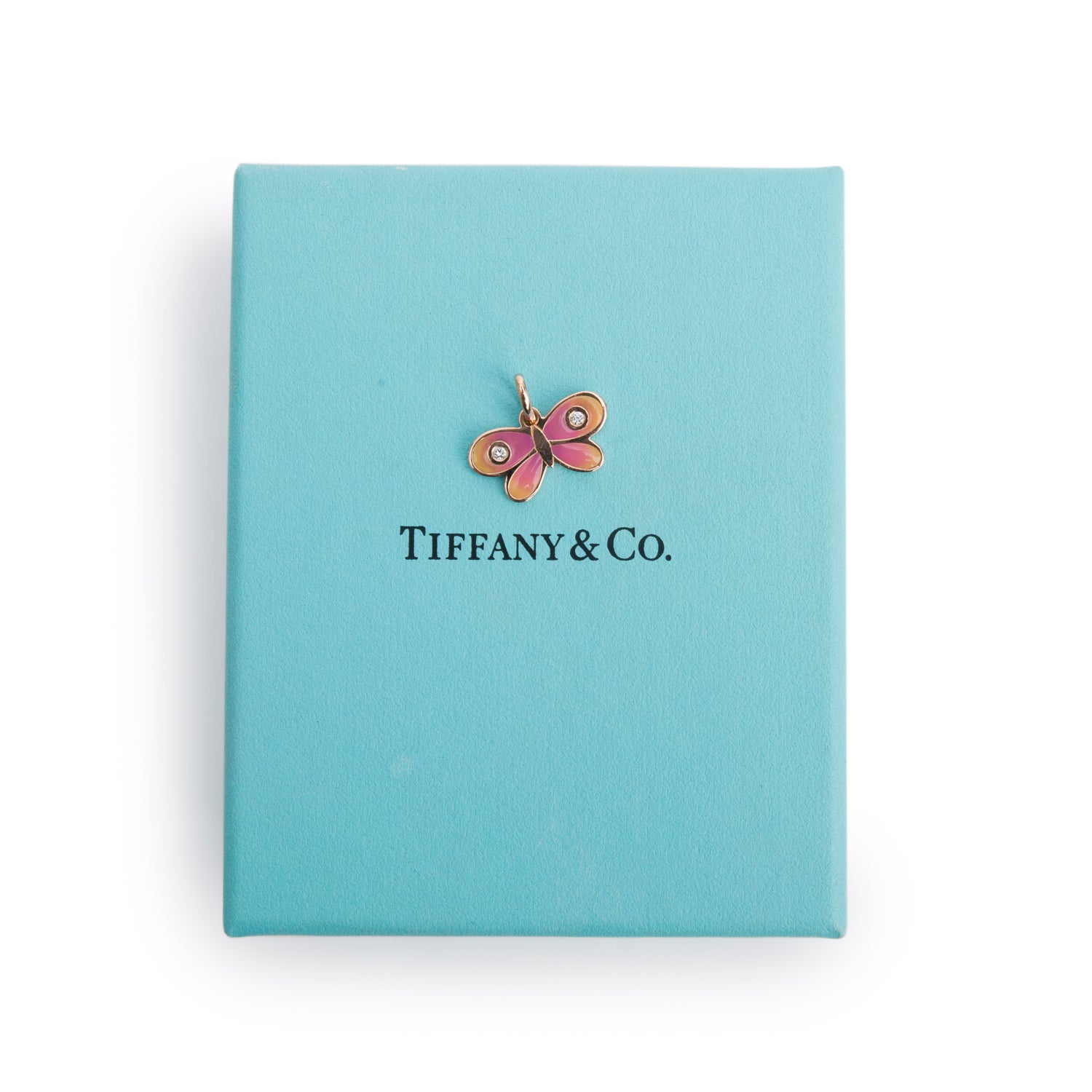 Tiffany & Co. 18k Rose Gold Diamond Enamel Butterfly Charm Pendant w/ Box