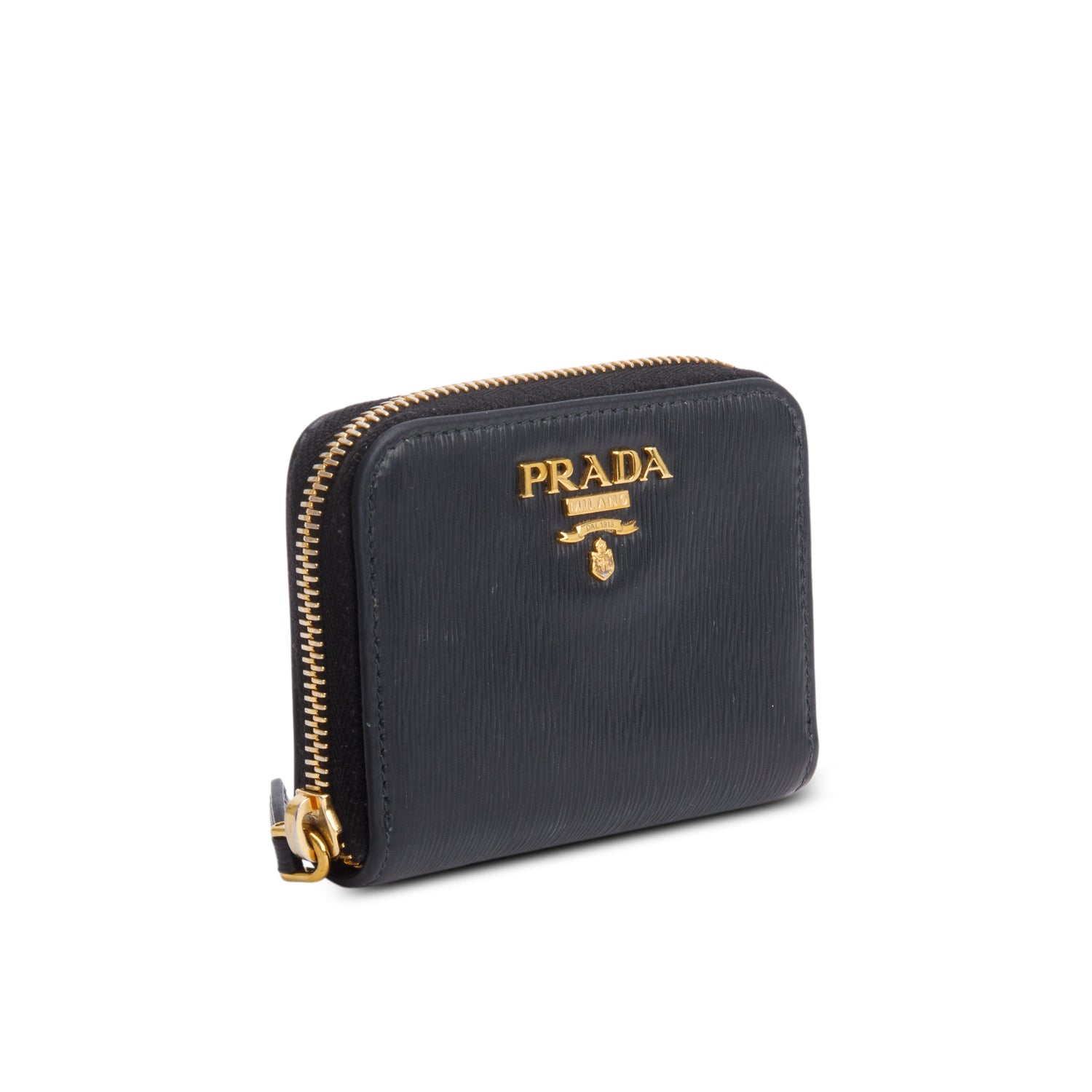 Prada Black Saffiano Leather Zip Around Compact Wallet