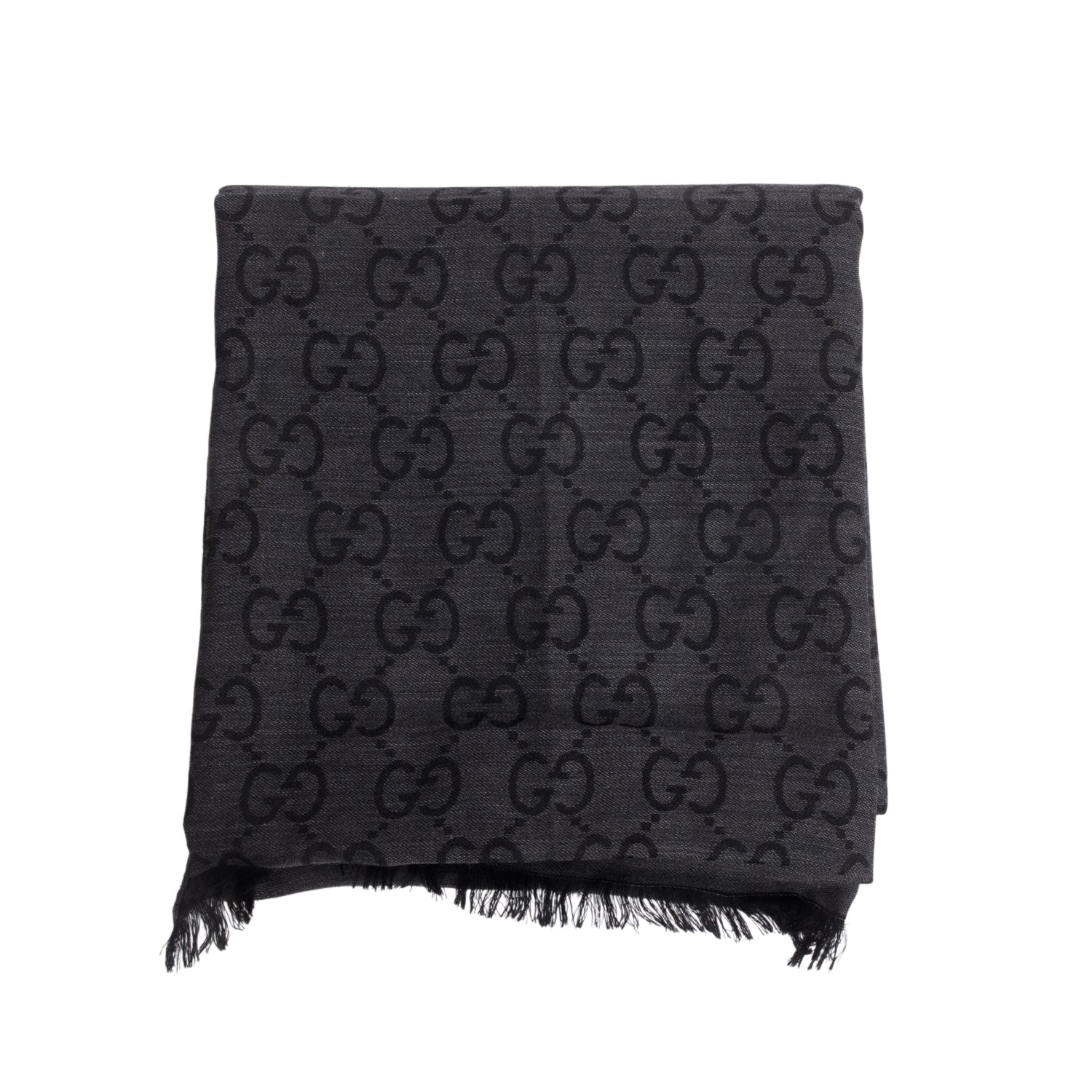 Gucci Black/Grey Wool Jacquard Monogram Reversible Scarf w/ Box
