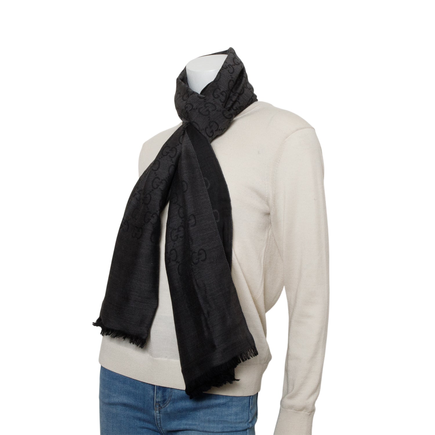 Gucci Black/Grey Wool Jacquard Monogram Reversible Scarf w/ Box