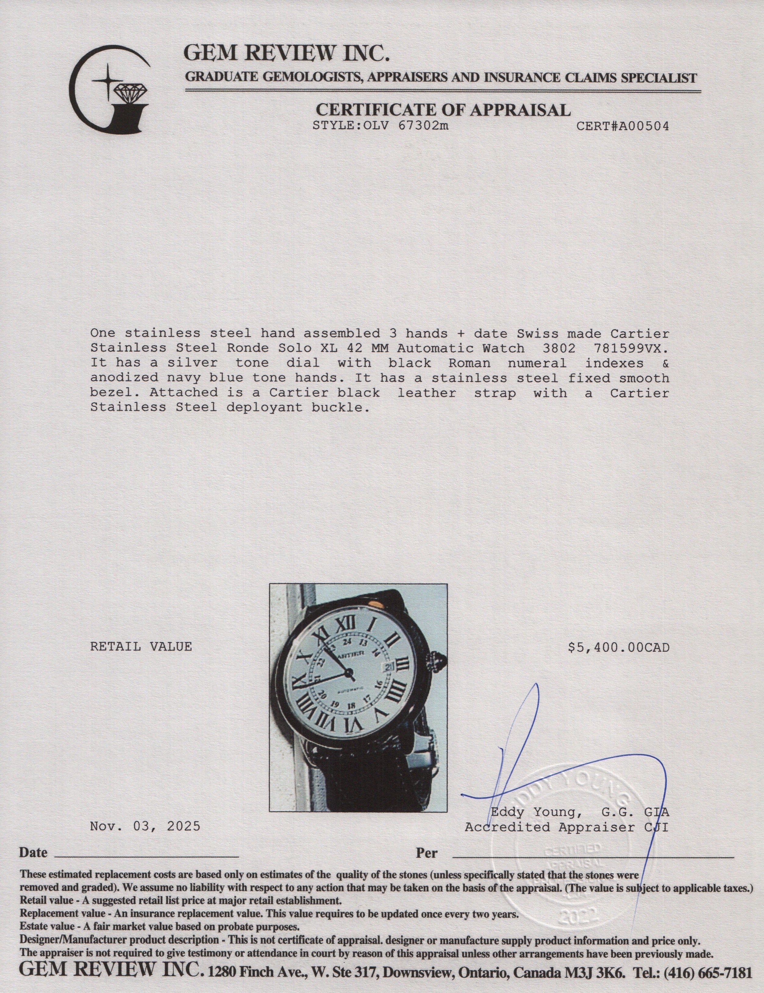 Cartier Stainless Steel Ronde Solo XL 42 MM Automatic Watch 3802