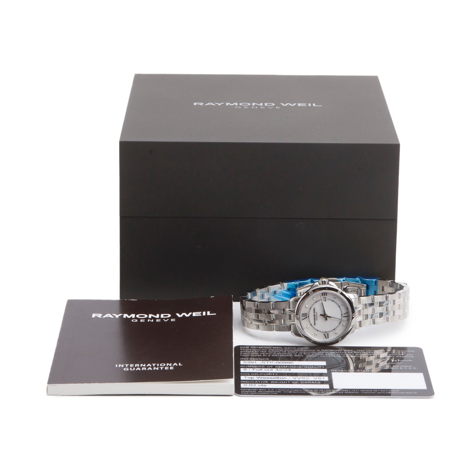 Raymond Weil Stainless Steel Tango 28 MM Quartz Watch Mother of Pearl Diamond Dial 5391 w/ Box & Papers