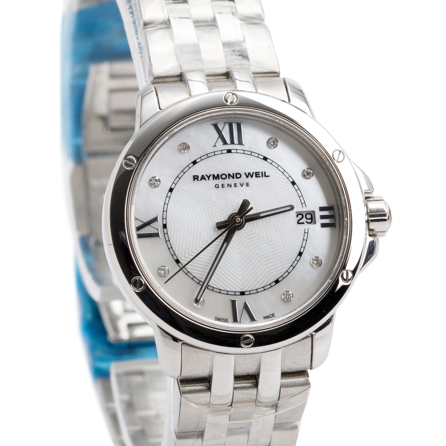 Raymond Weil Stainless Steel Tango 28 MM Quartz Watch Mother of Pearl Diamond Dial 5391 w/ Box & Papers