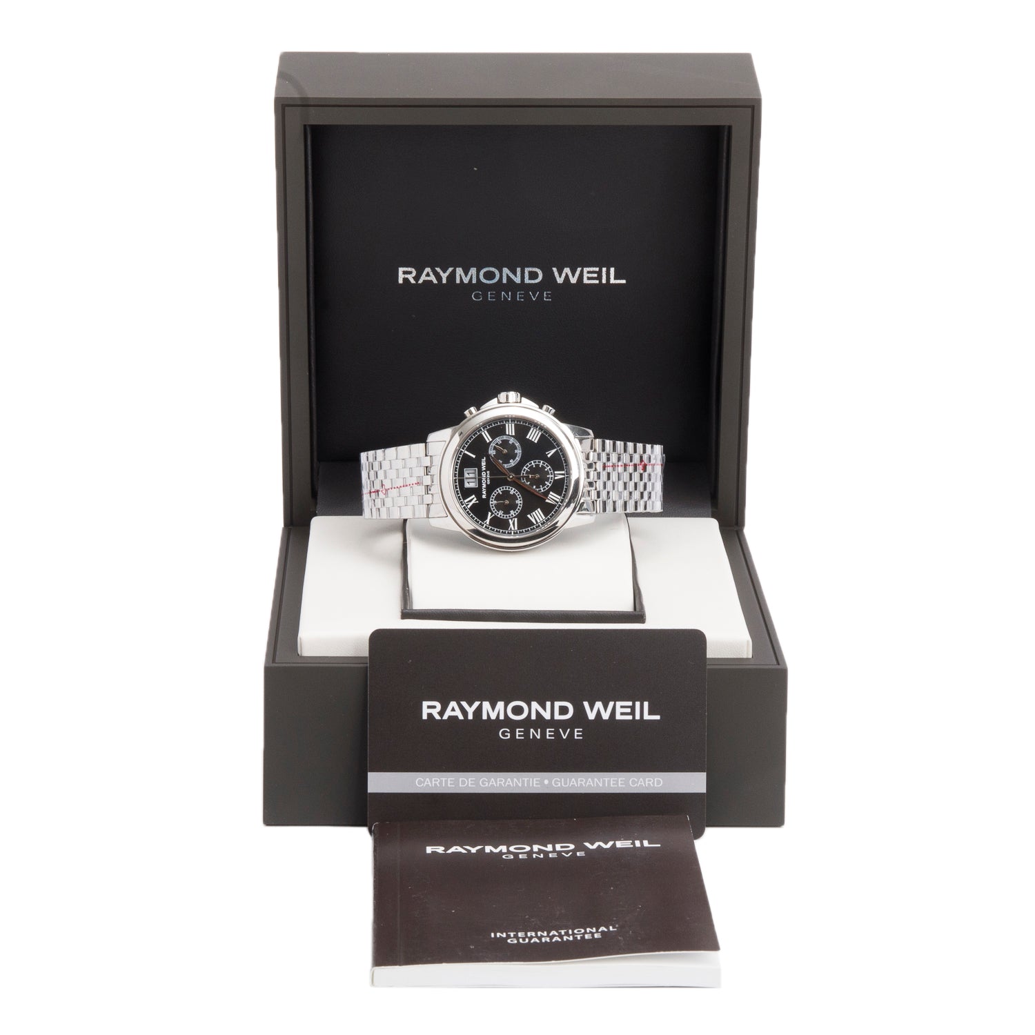 Raymond Weil Stainless Steel Tradition 39 MM Chronograph Quartz Watch Black Dial 4476 w/ Box & Papers
