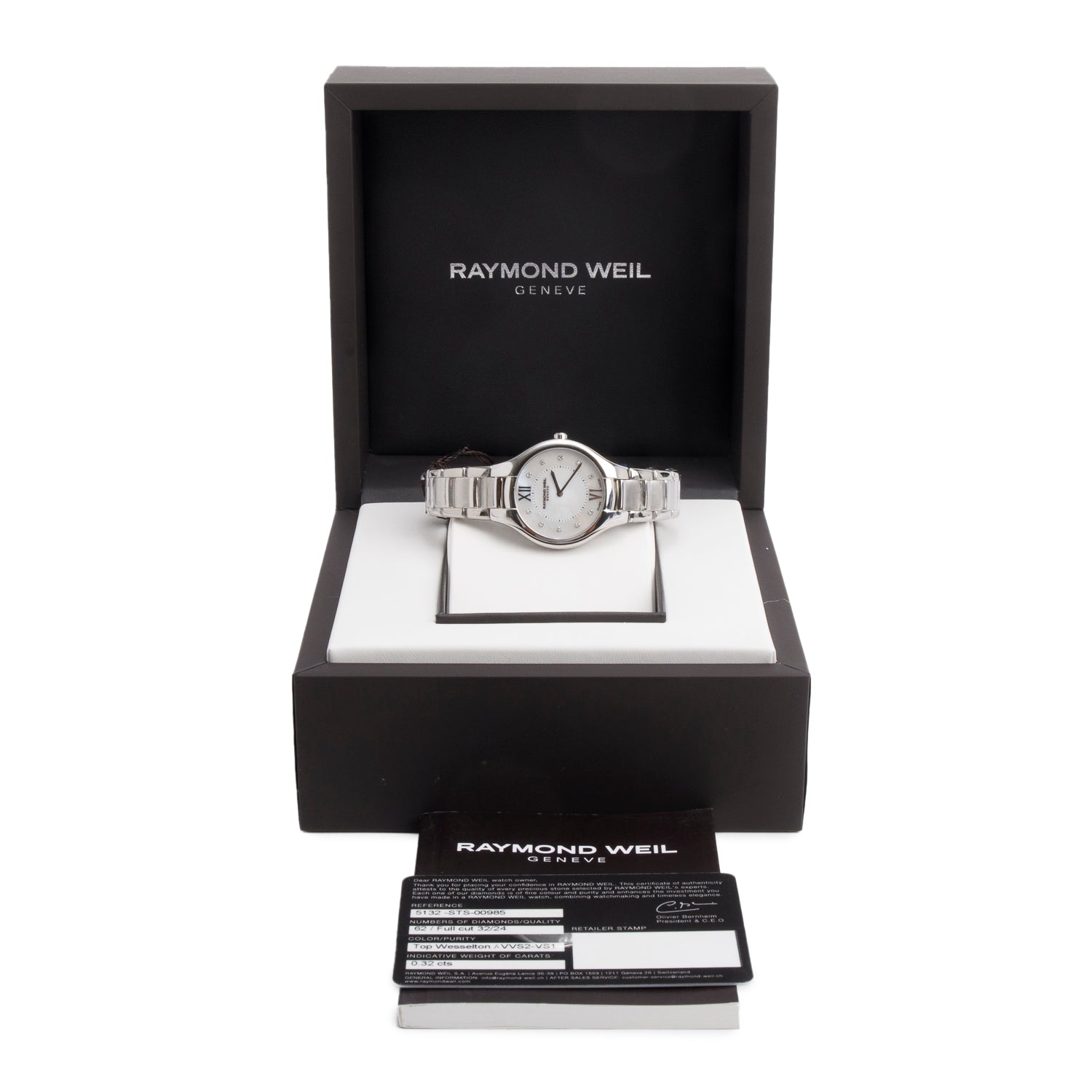 Raymond Weil Stainless Steel Noemia 32 MM Quartz Watch Mother of Pearl Diamond Dial 5132 w/ Box & Papers