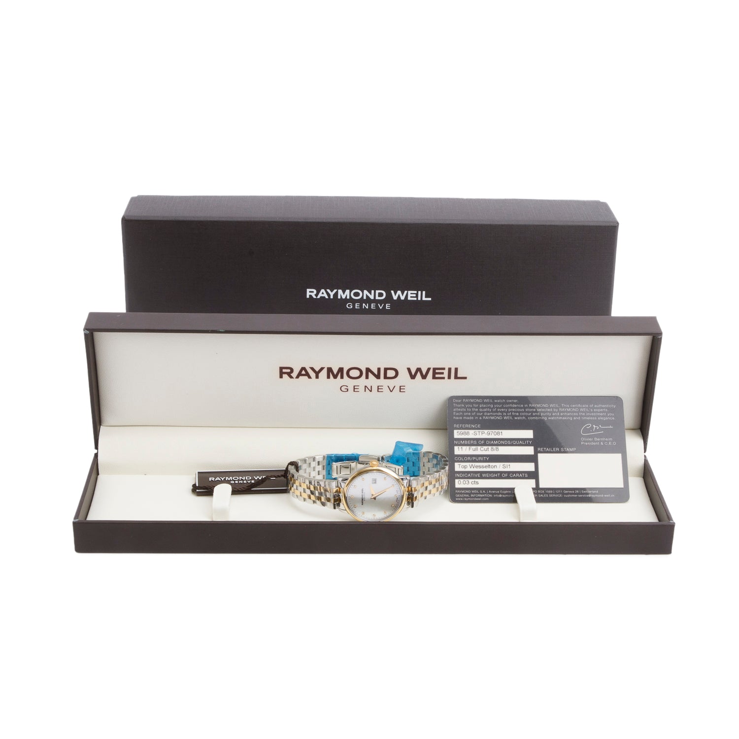 Raymond Weil Stainless Steel & Yellow Gold PVD Toccata 29 MM Quartz Watch Mother of Pearl Diamond Dial 5988 w/ Box & Papers