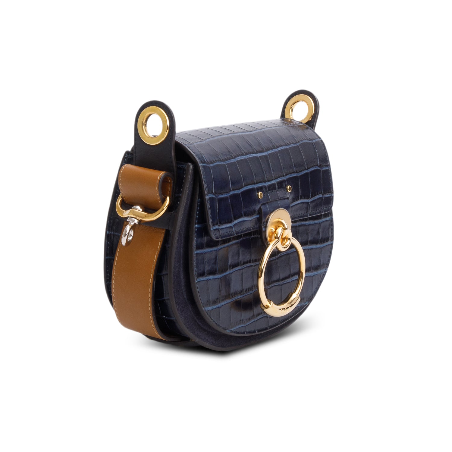 Chloe Navy Calfskin Croc Embossed Small Tess Bag w/ Strap