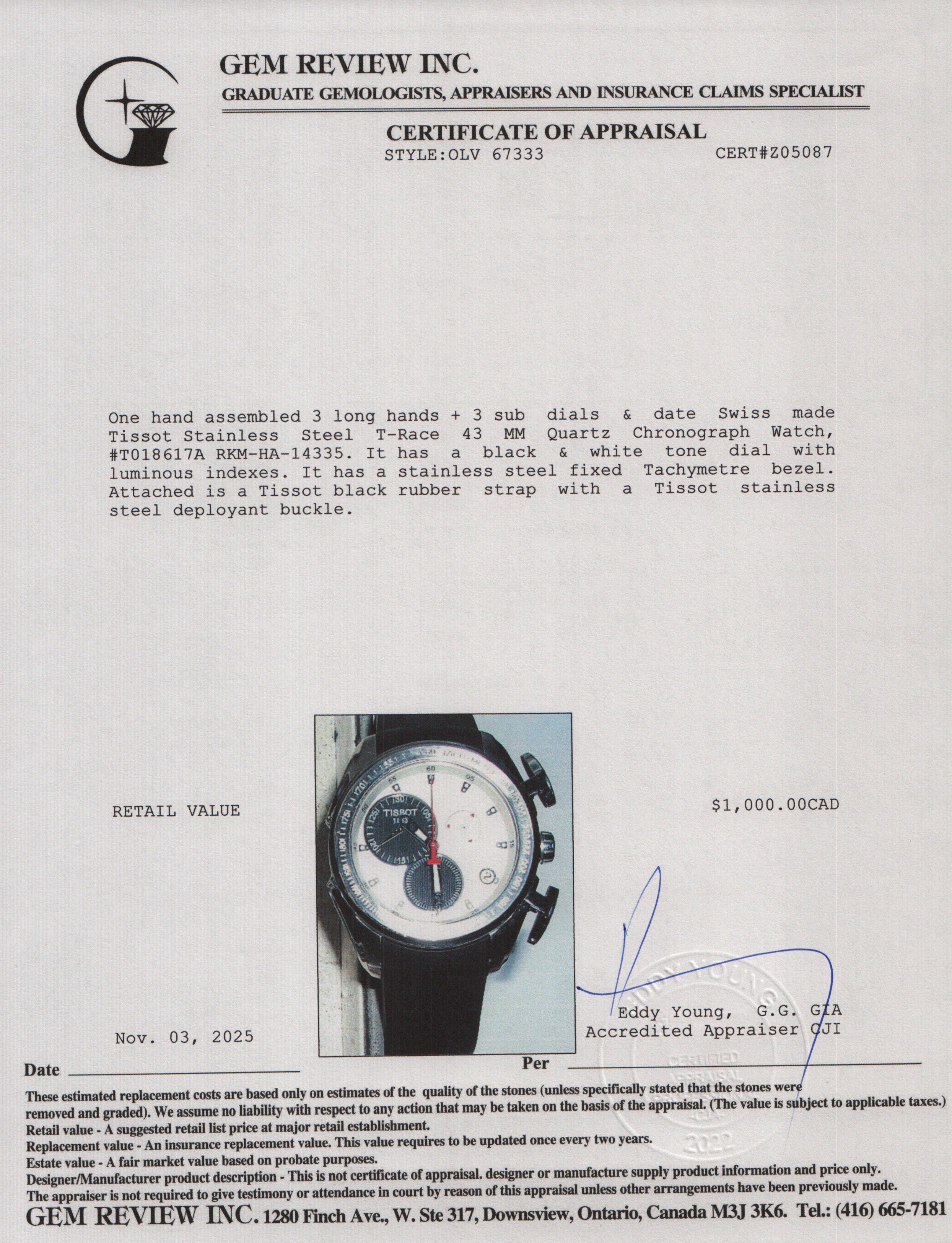 Tissot Stainless Steel T-Race 43 MM Quartz Chronograph Watch Black & White Dial w/ Box & Papers