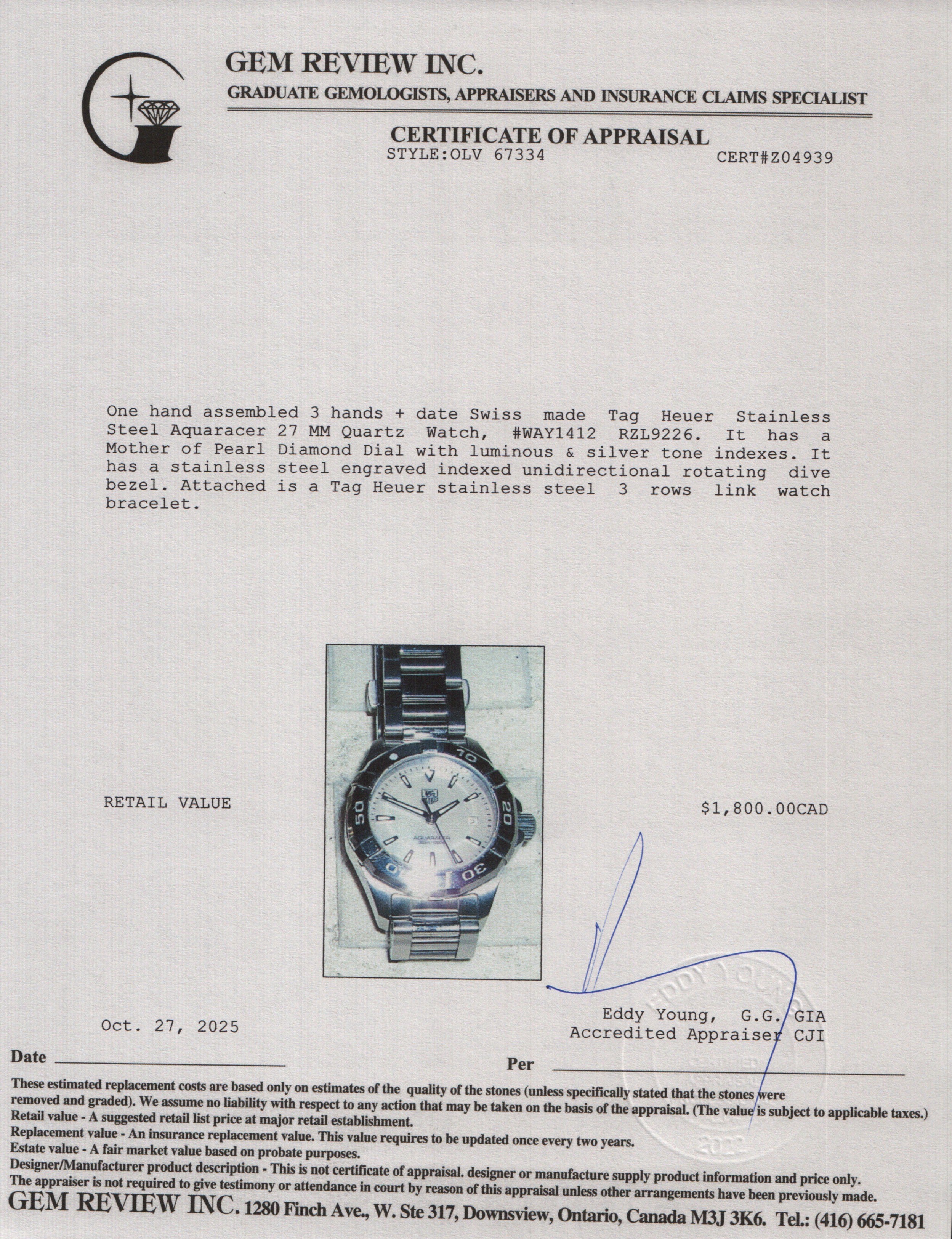 Tag Heuer Stainless Steel Aquaracer 27 MM Quartz Watch Mother of Pearl Dial WAY1412 w/ Box & Papers