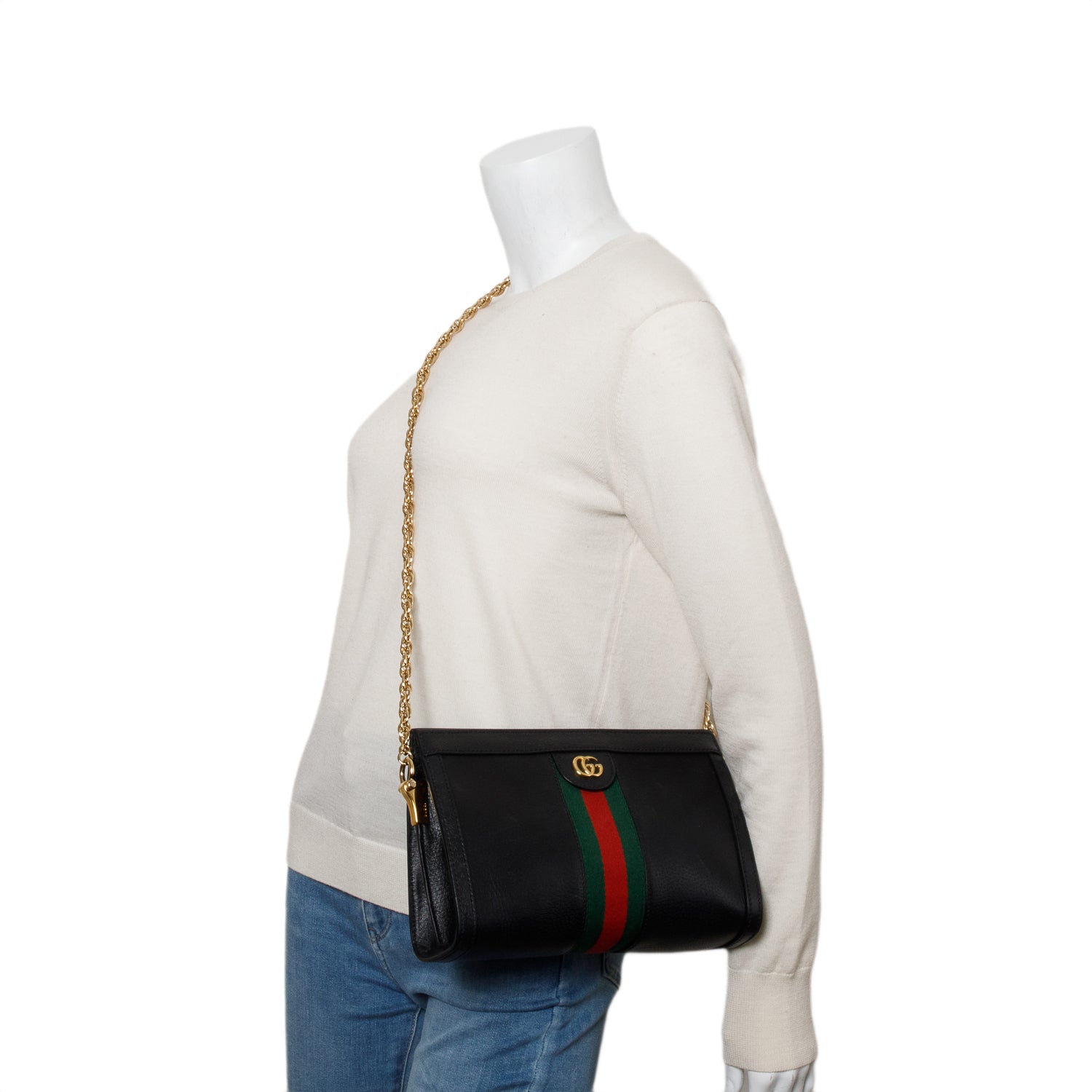 Gucci Black Textured Calfskin Web Medium Ophidia Chain Shoulder Bag