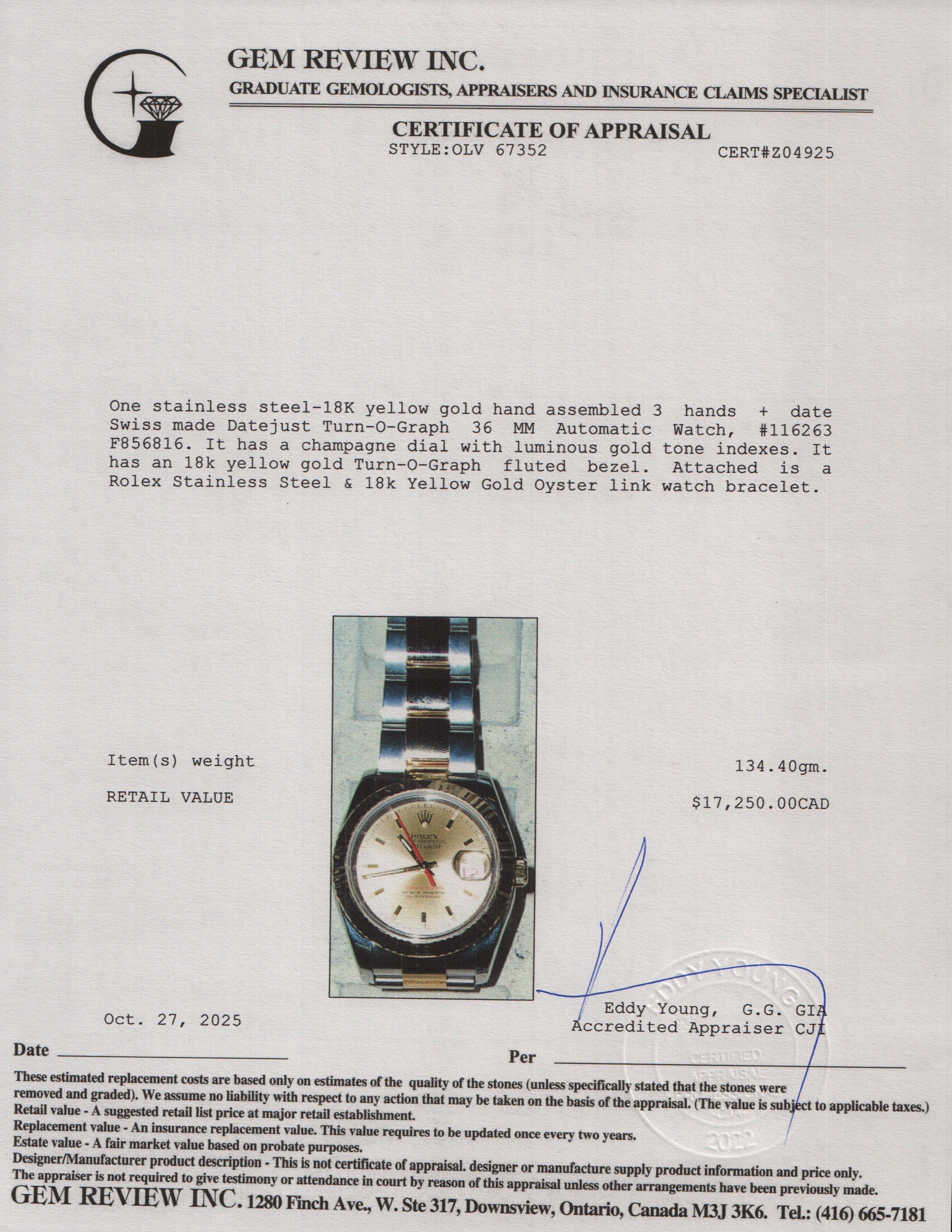 Rolex Stainless Steel & 18k Yellow Gold Datejust Turn-O-Graph 36 MM Automatic Watch Gold Dial 116263 w/ Box & Papers