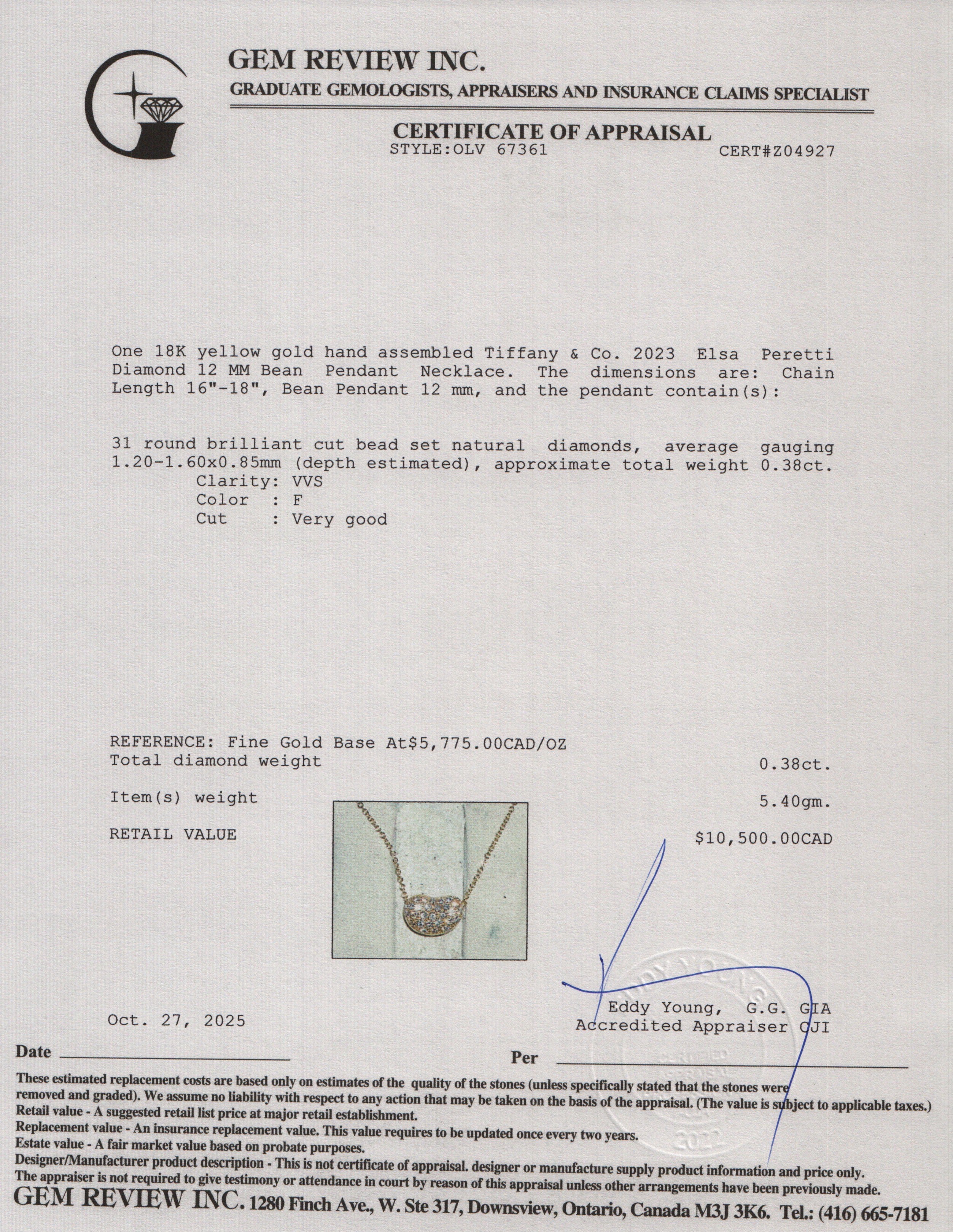 Tiffany & Co. 2023 Elsa Peretti 18k Yellow Gold Diamond 12 MM Bean Pendant Necklace w/ Box & Receipt