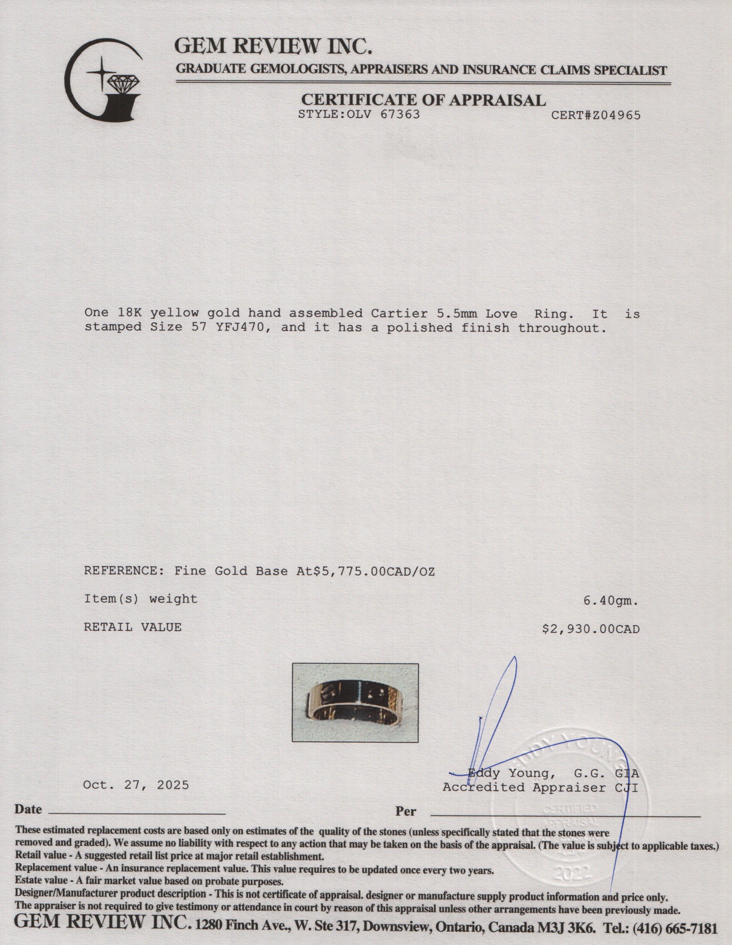 Cartier 2024 18k Yellow Gold 5.5 MM Love Ring, Classic Model, Size 57 8 w/ Box & Certificate