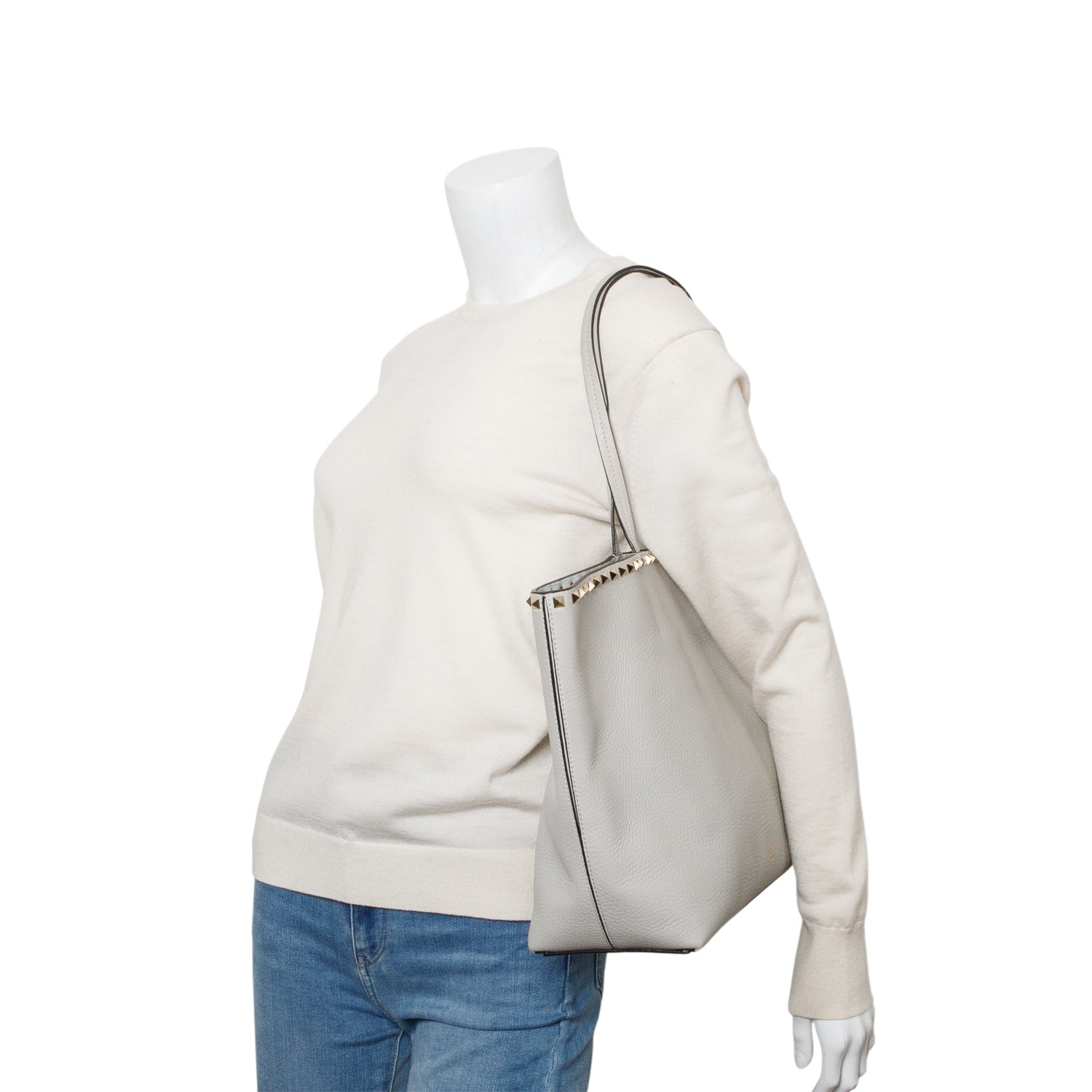 Valentino Grey Grained Calfskin Large Rockstud Tote