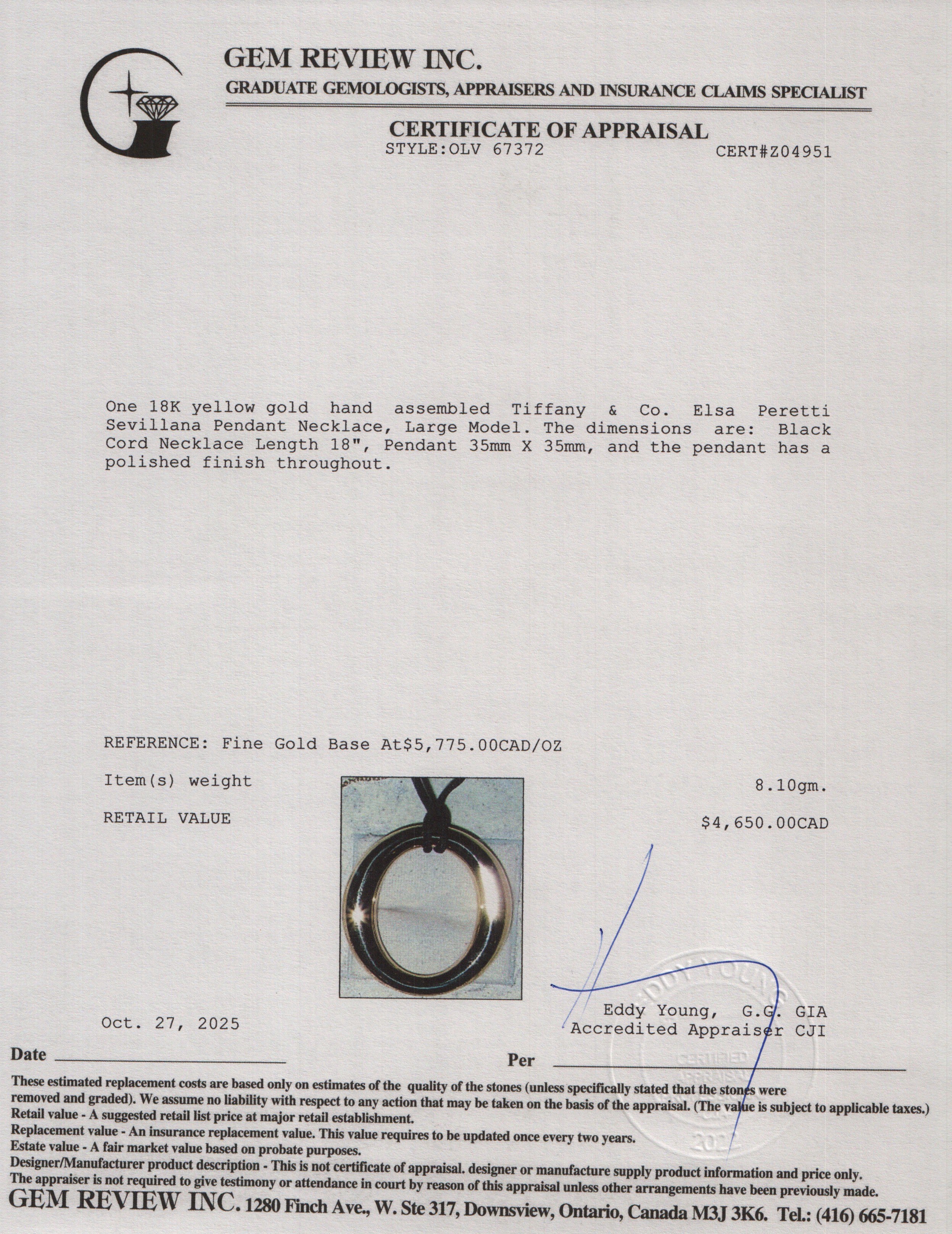 Tiffany & Co. Elsa Peretti 18k Yellow Gold Sevillana Pendant Necklace, Large Model w/ Box