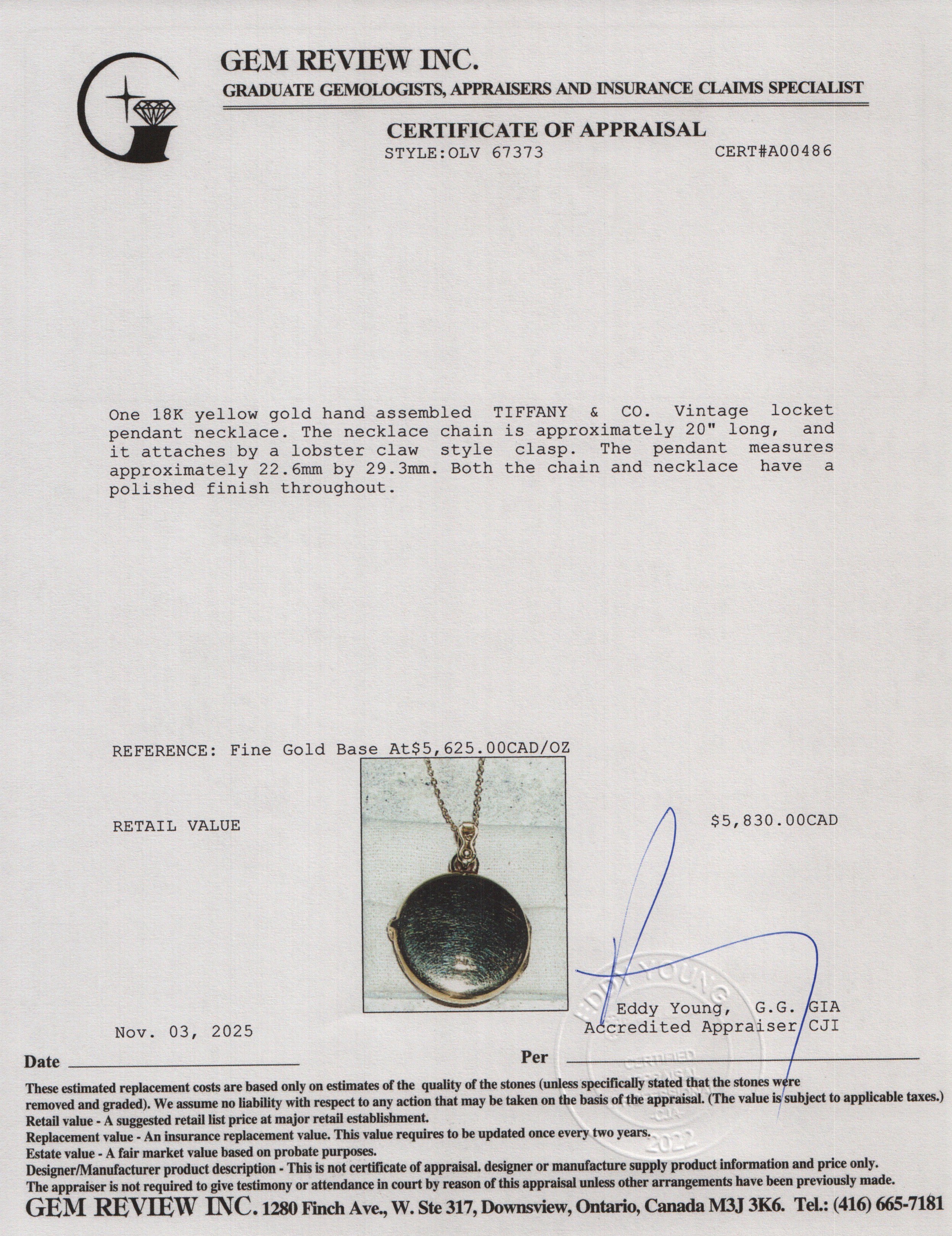 Tiffany & Co. Vintage 18k Yellow Gold Locket Pendant Necklace w/ Box