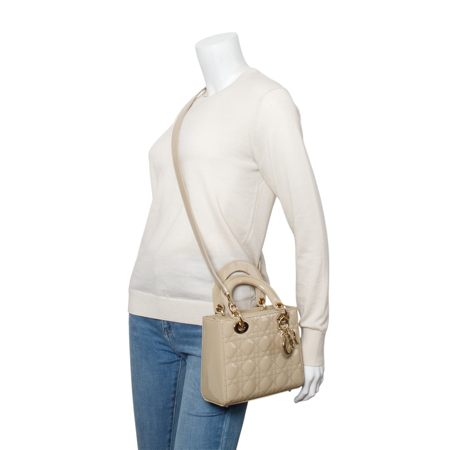 Christian Dior 2022 Beige Patent Cannage Leather Small Lady Dior w/ Strap