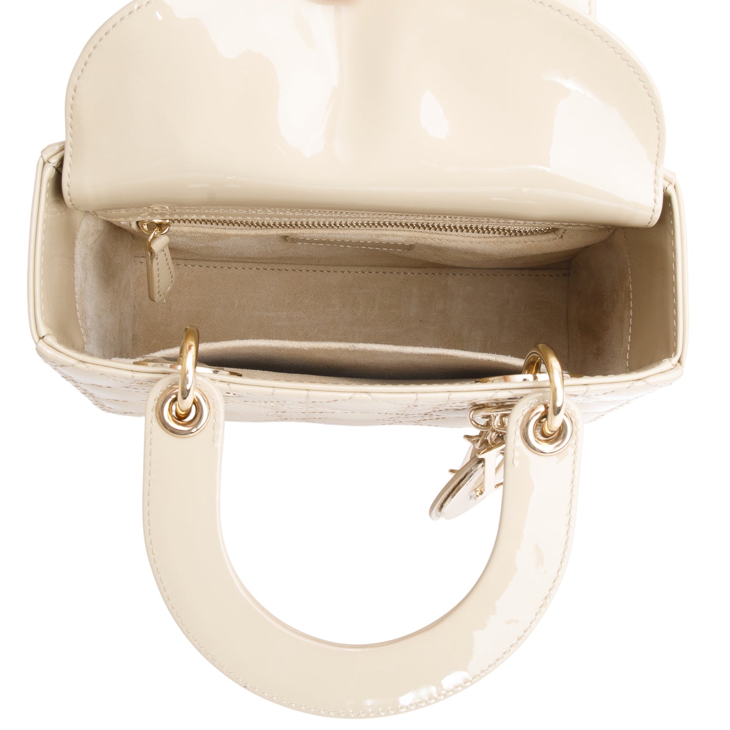 Christian Dior 2022 Beige Patent Cannage Leather Small Lady Dior w/ Strap