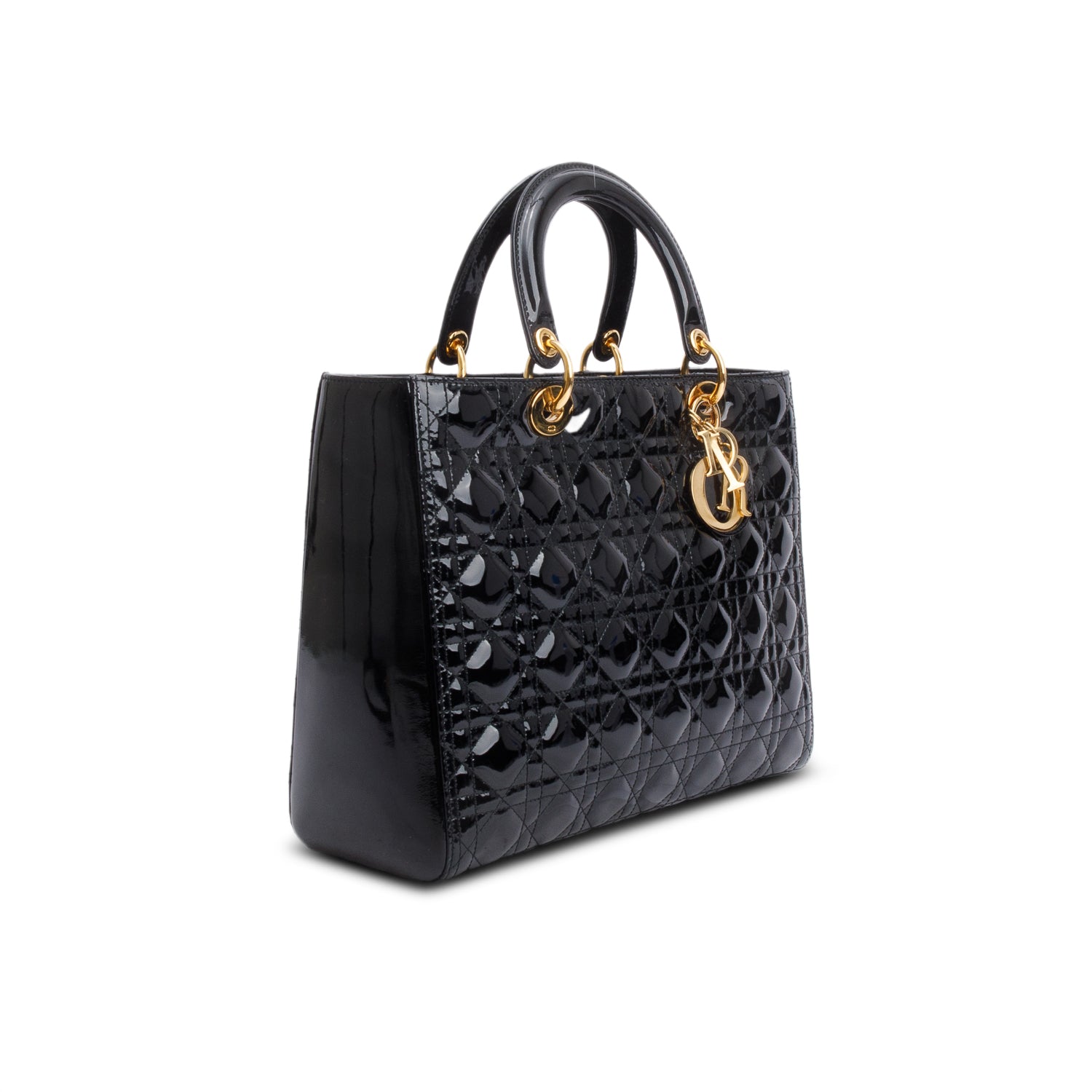 Christian Dior Black Cannage Patent Leather Large Lady Dior w/ Authenticity Card & Strap