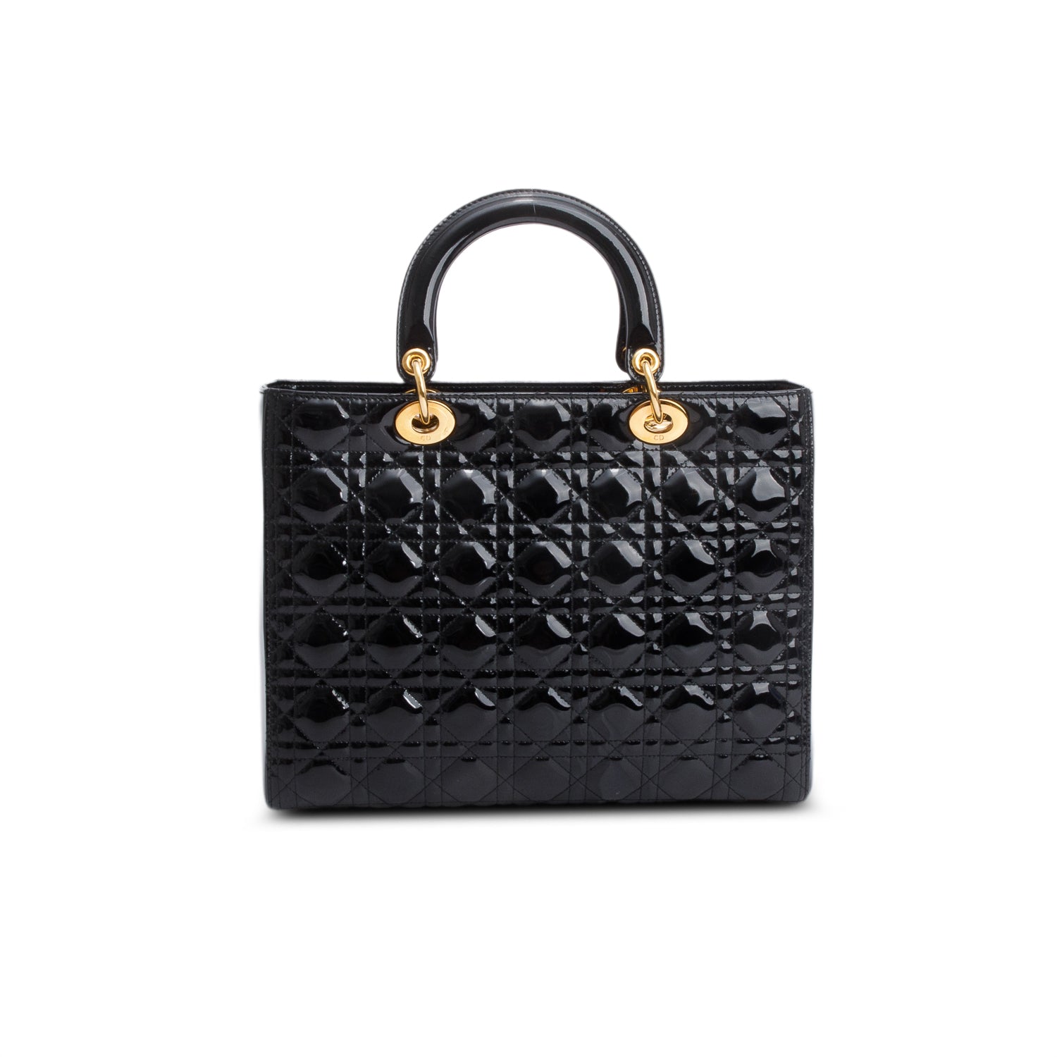 Christian Dior Black Cannage Patent Leather Large Lady Dior w/ Authenticity Card & Strap