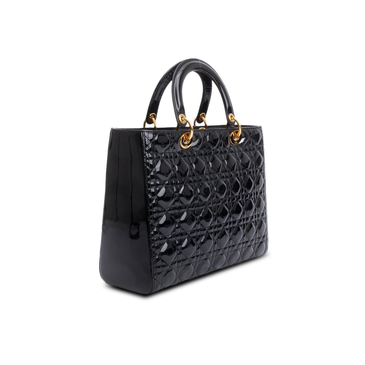 Christian Dior Black Cannage Patent Leather Large Lady Dior w/ Authenticity Card & Strap