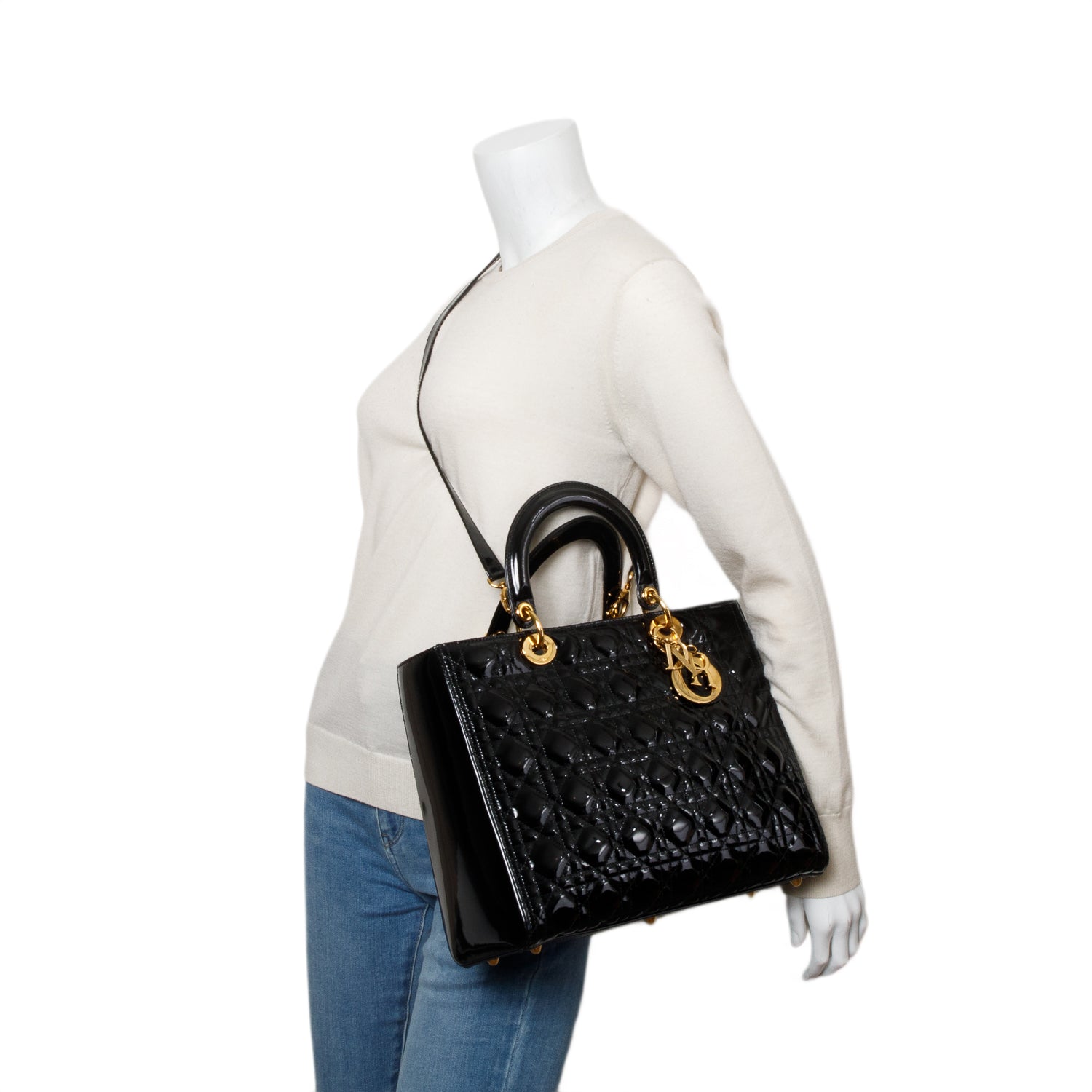 Christian Dior Black Cannage Patent Leather Large Lady Dior w/ Authenticity Card & Strap