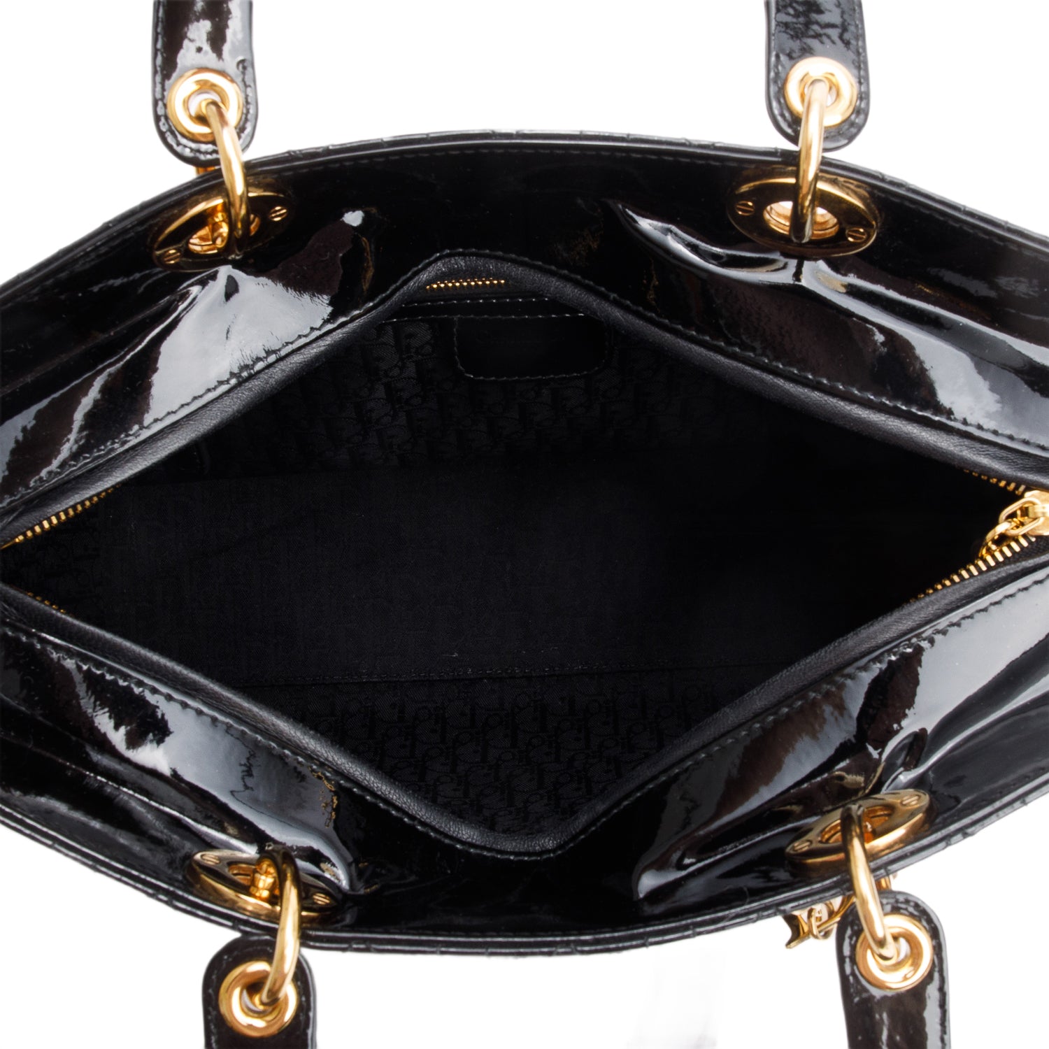 Christian Dior Black Cannage Patent Leather Large Lady Dior w/ Authenticity Card & Strap