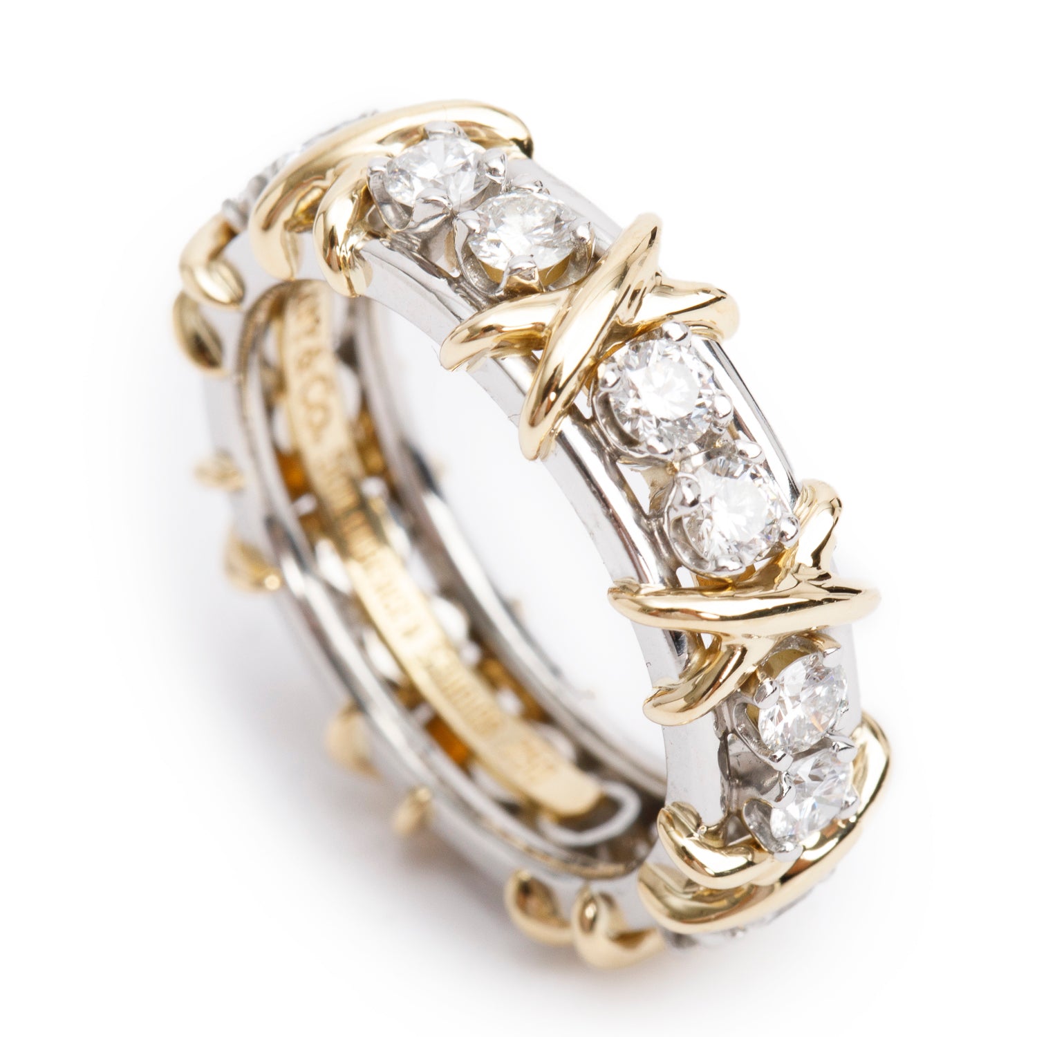 Tiffany & Co. Schlumberger Platinum & 18k Yellow Gold Sixteen Stone Diamond Ring, Size 6.5 w/ Box