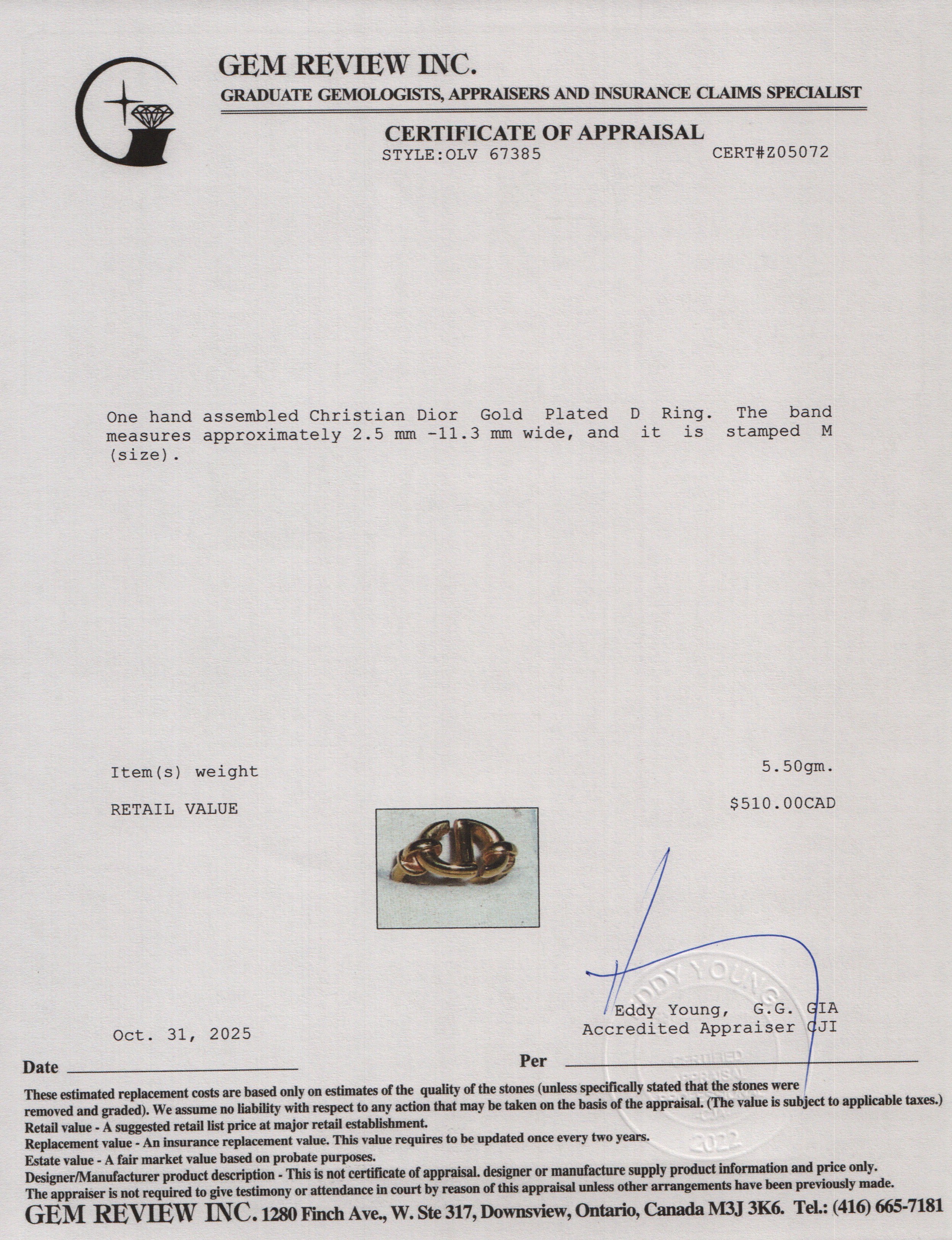 Christian Dior Gold Plated D Ring, Size 6.5