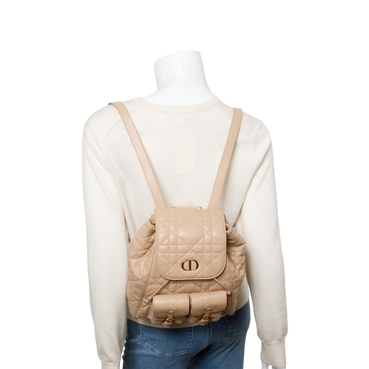 Chrisitan Dior 2024 Beige Lambskin Macrocannage Medium Caro Backpack w/ Box