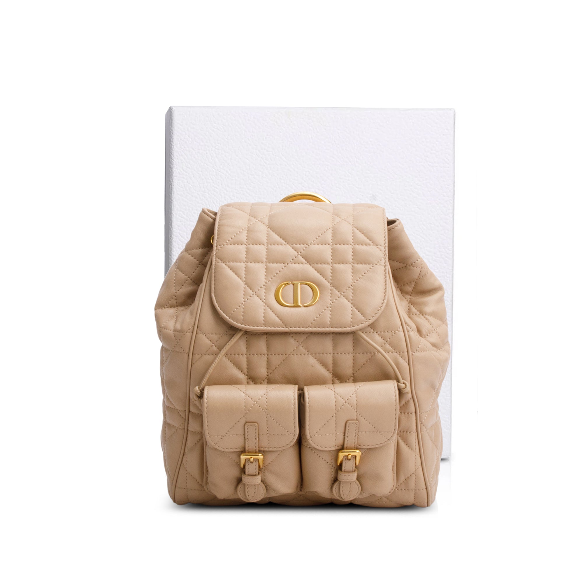 Chrisitan Dior 2024 Beige Lambskin Macrocannage Medium Caro Backpack w/ Box
